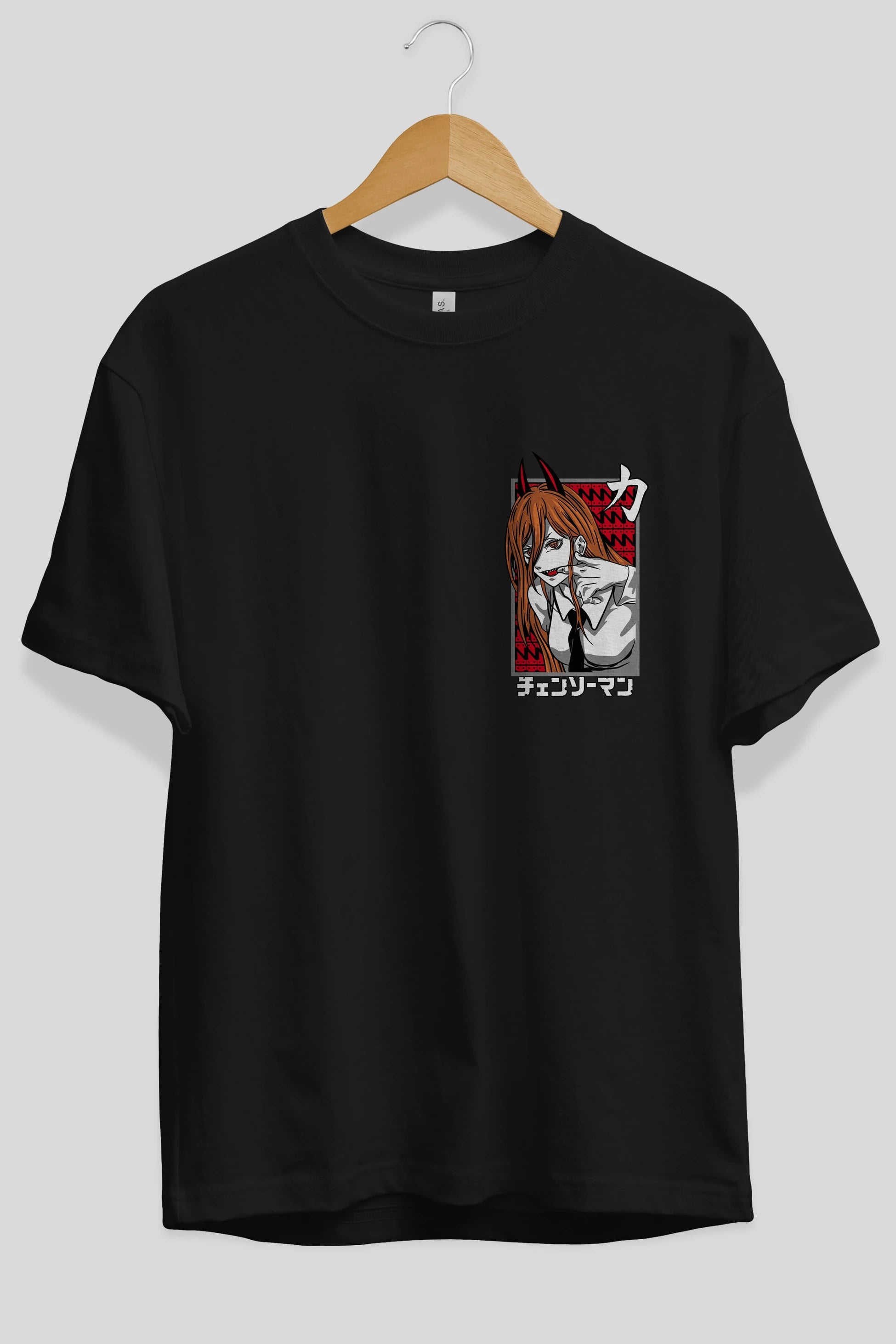 CHAINSAWMAN POWER Ön Sol Baskılı Oversize t-shirt Erkek Kadın Unisex %100 Pamuk Bisiklet Yaka tişort