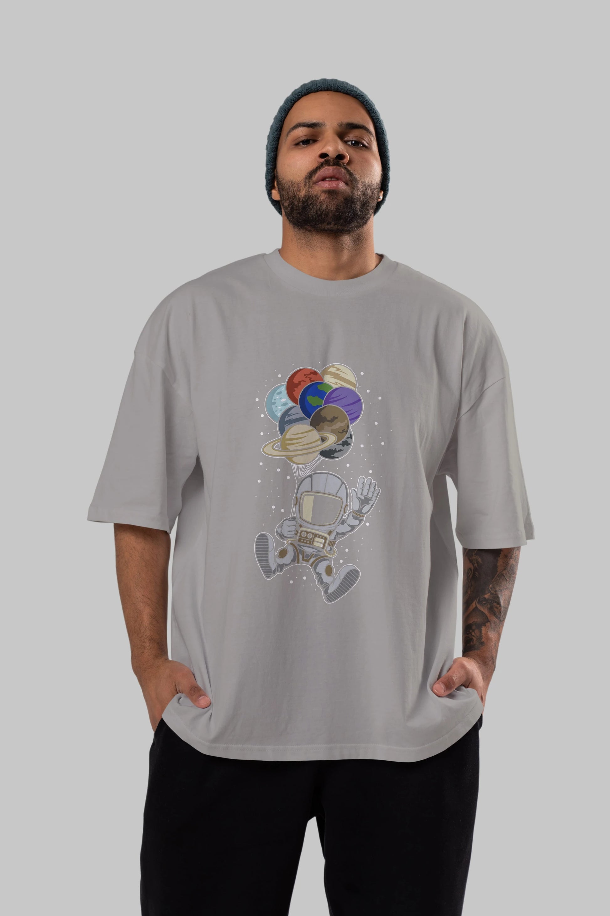 Astronaut Baloon Planets Ön Baskılı Oversize t-shirt Erkek Kadın Unisex