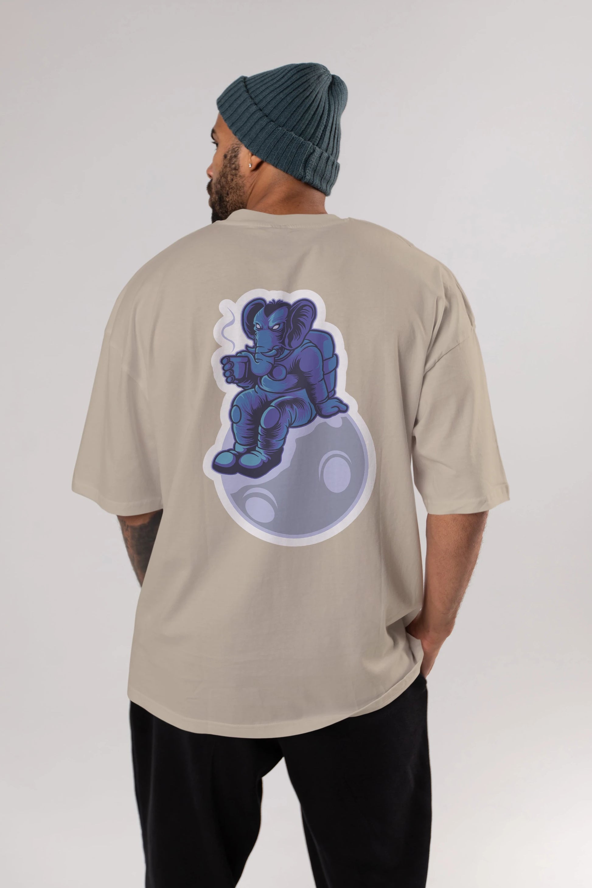 Space Elephant Drink Coffee Sticker Arka Baskılı Oversize t-shirt Erkek Kadın Unisex