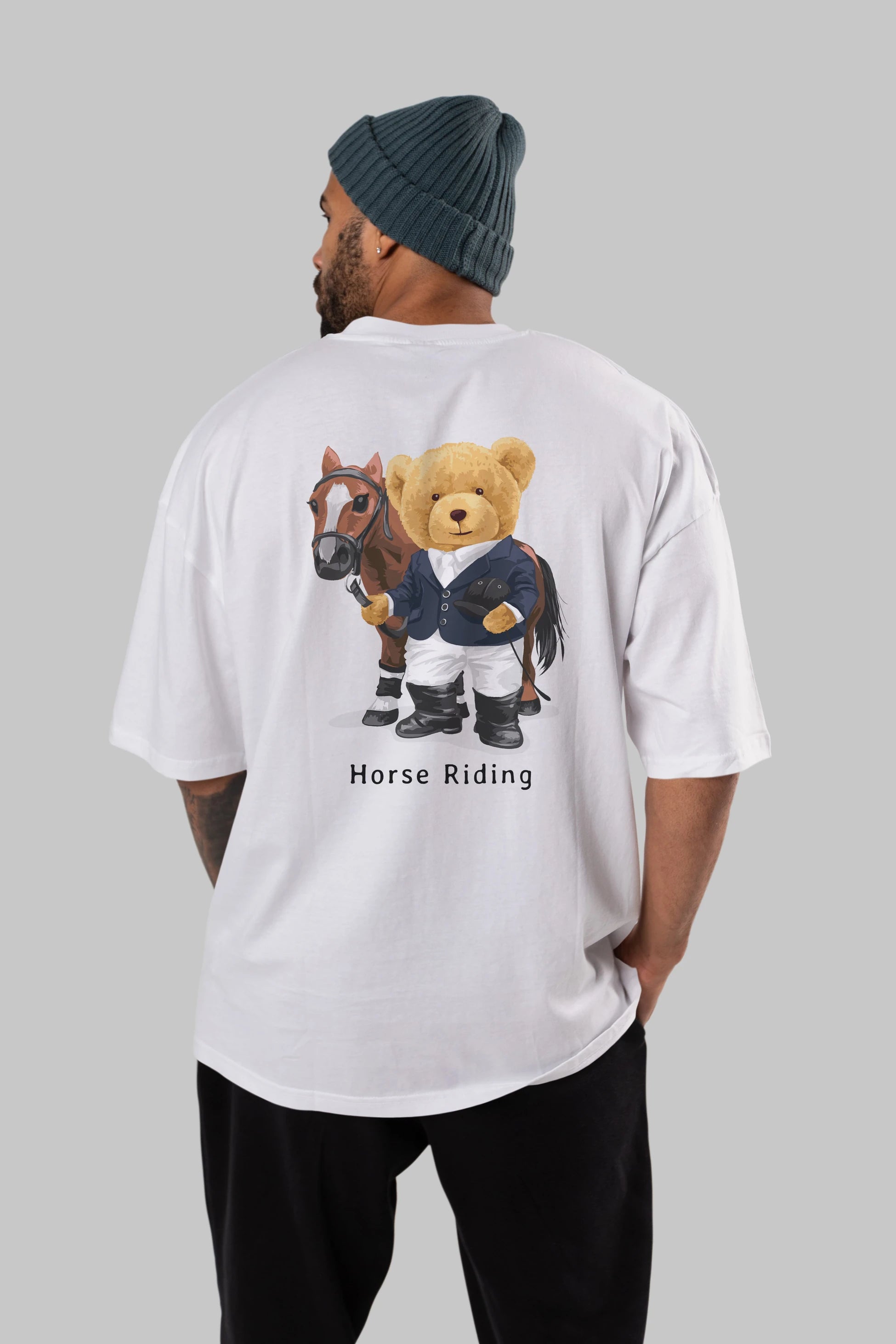 Teddy Bear Horse Riding Arka Baskılı Oversize t-shirt Erkek Kadın Unisex %100 Pamuk