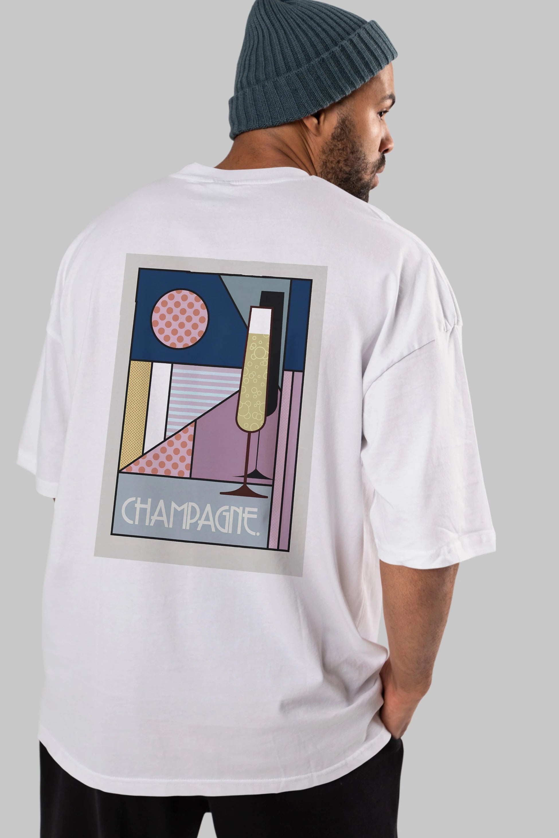 Champagne Arka Baskılı Oversize t-shirt Erkek Kadın Unisex %100 Pamuk Bisiklet Yaka tişort