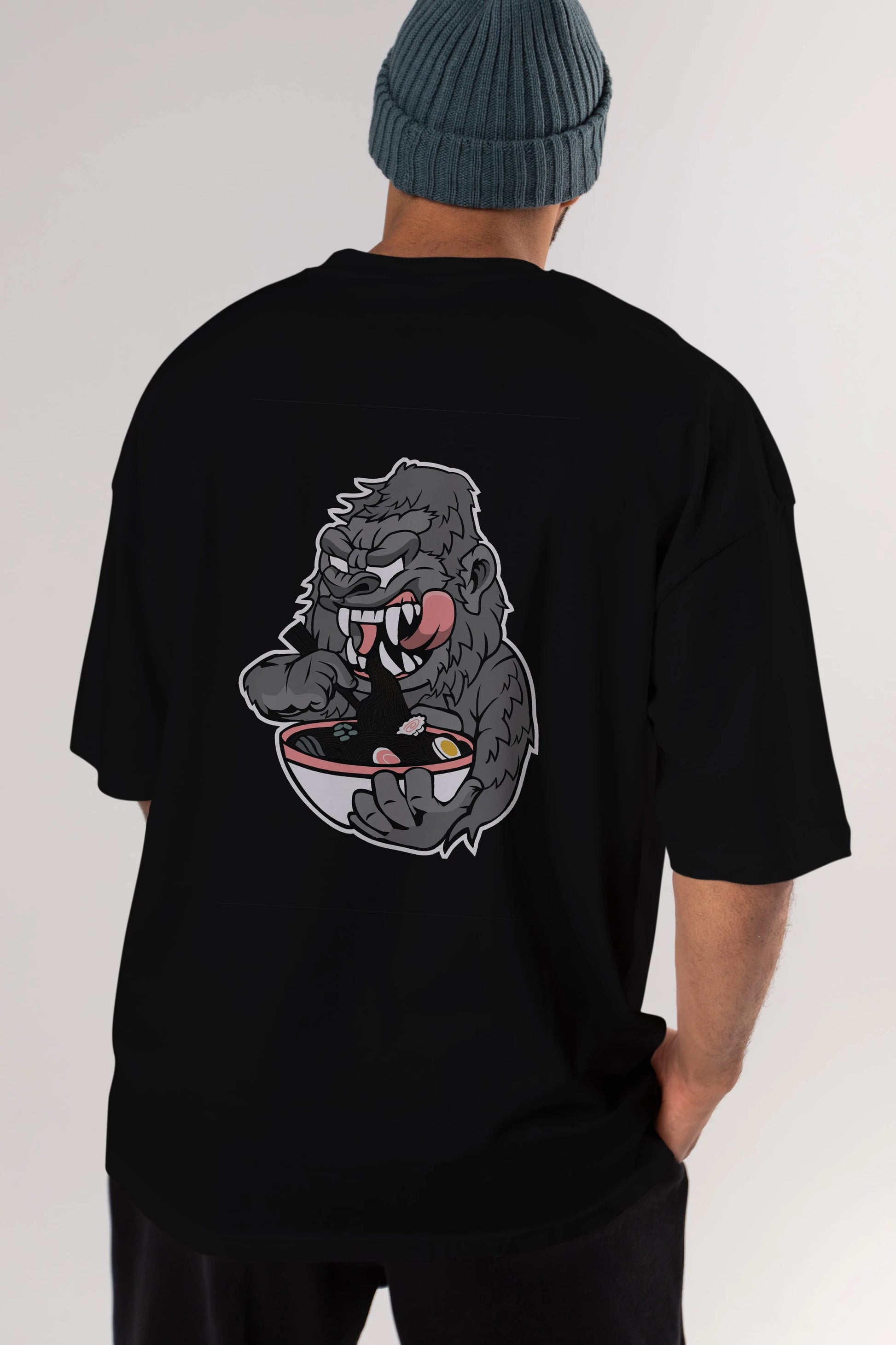 Big Gorilla Ramen Arka Baskılı Oversize t-shirt Erkek Kadın Unisex %100 Pamuk tişort