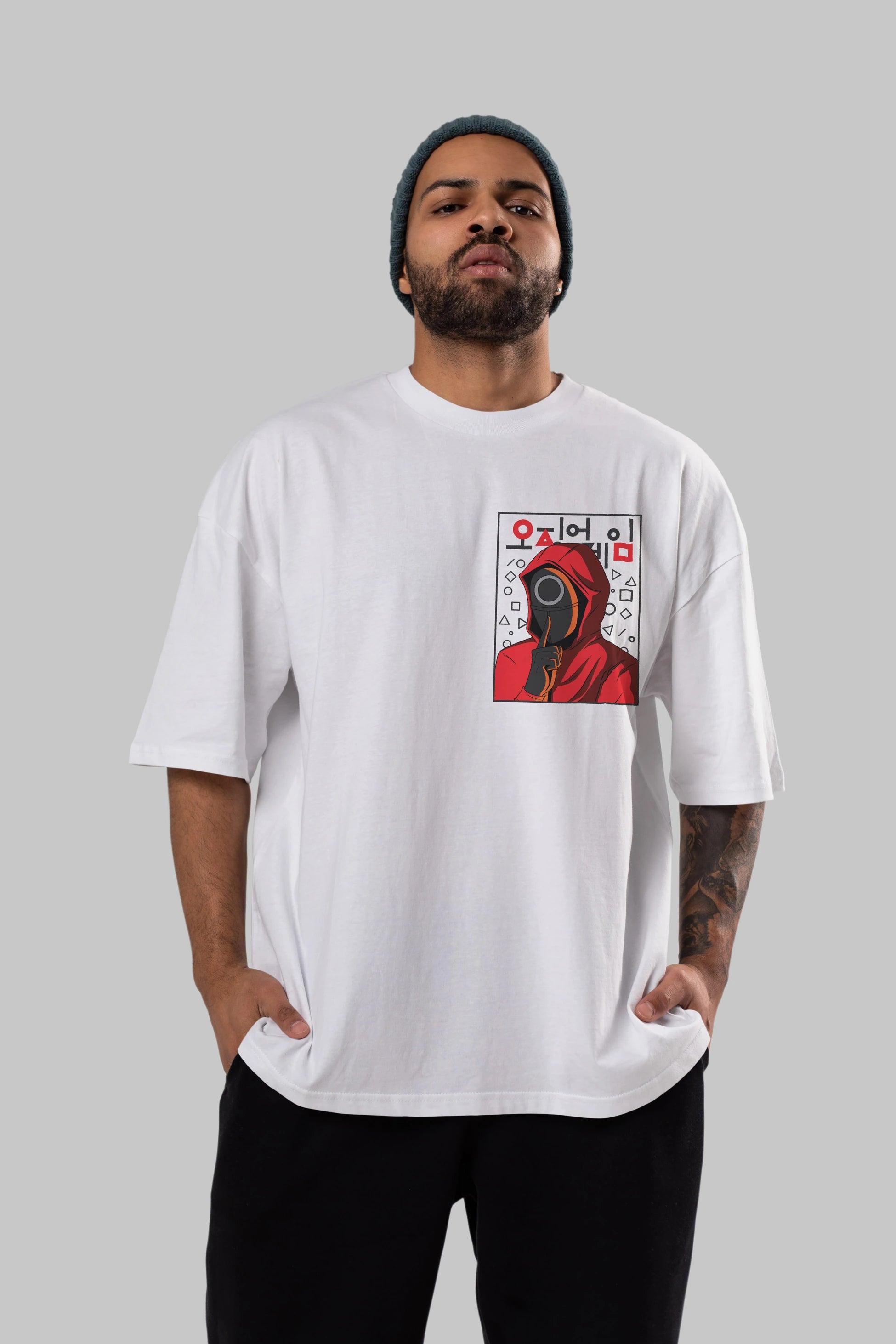 Squid Game (5) Ön Sol Baskılı Oversize t-shirt Erkek Kadın Unisex %100 Pamuk Bisiklet Yaka tişort