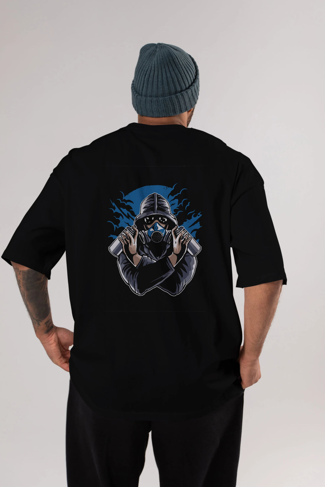 Graffiti Gasmask Arka Baskılı Oversize t-shirt Erkek Kadın Unisex %100 Pamuk