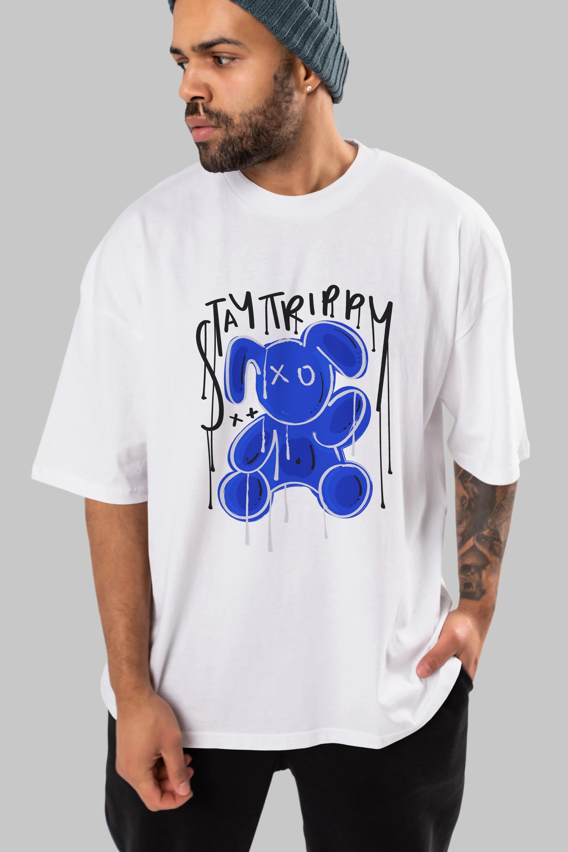 Stay Trippy Bear Ön Baskılı Oversize t-shirt Erkek Kadın Unisex