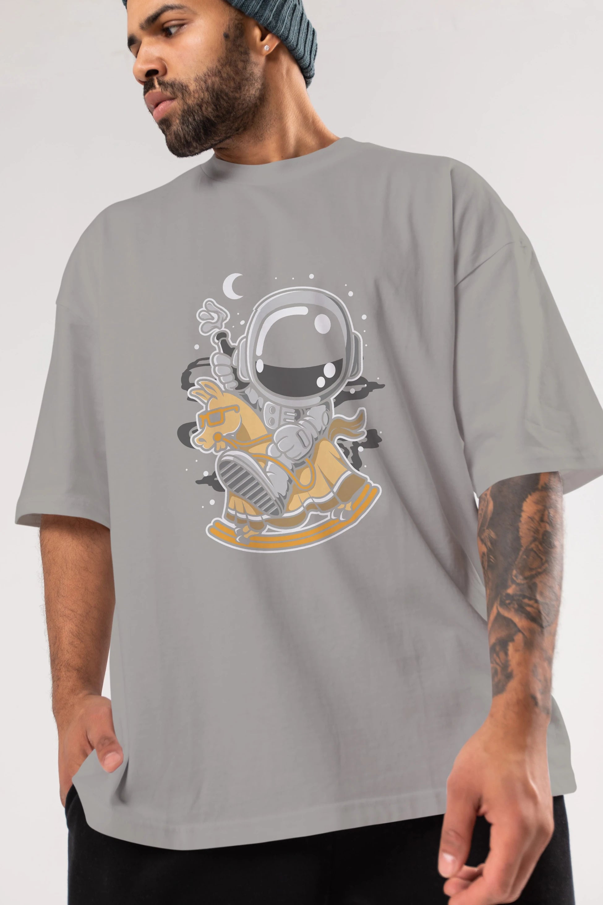 Astronaut RidingToy Horse Ön Baskılı Oversize t-shirt Erkek Kadın Unisex