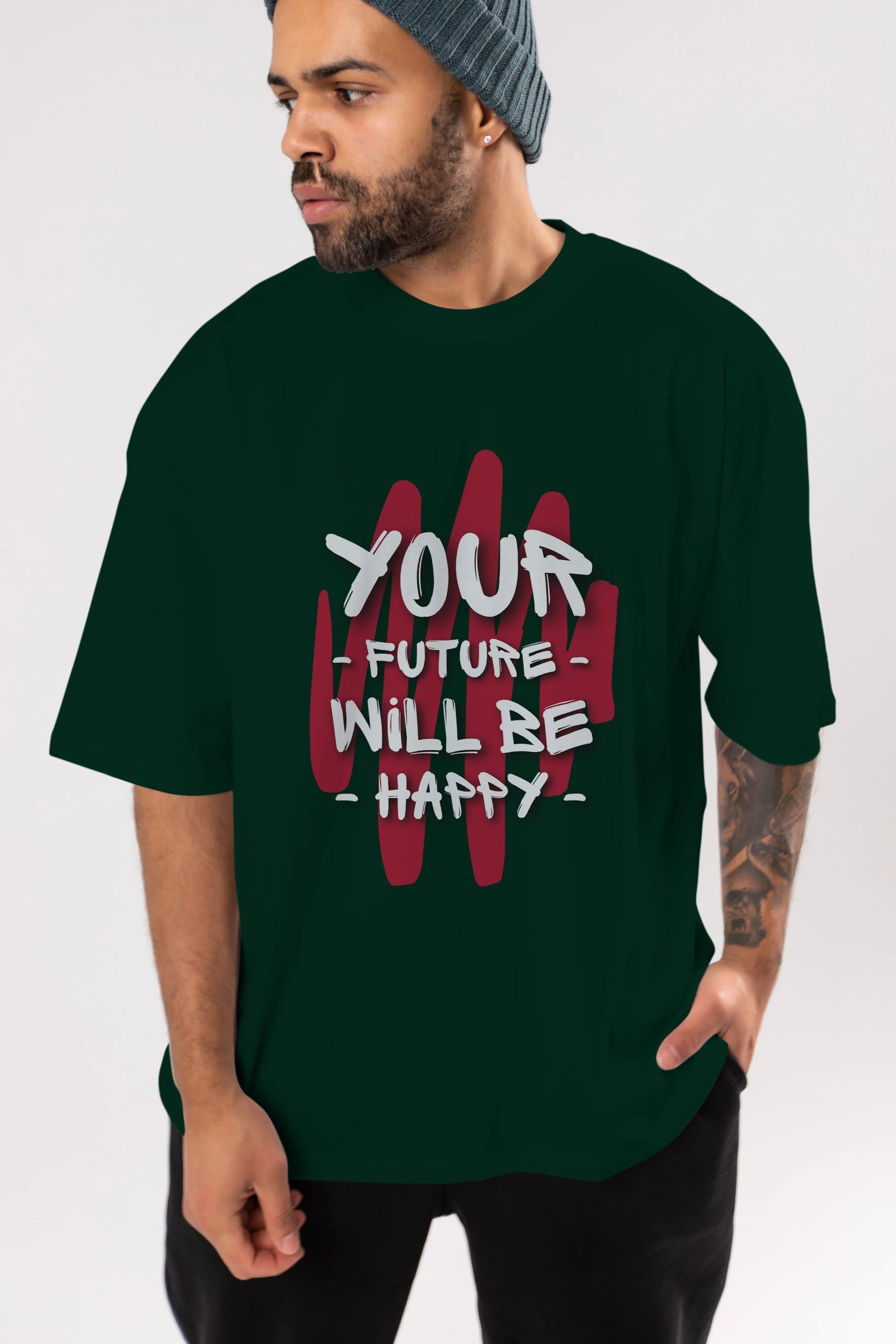 Your Future Will be Happy Yazılı Ön Baskılı Oversize t-shirt Erkek Kadın Unisex