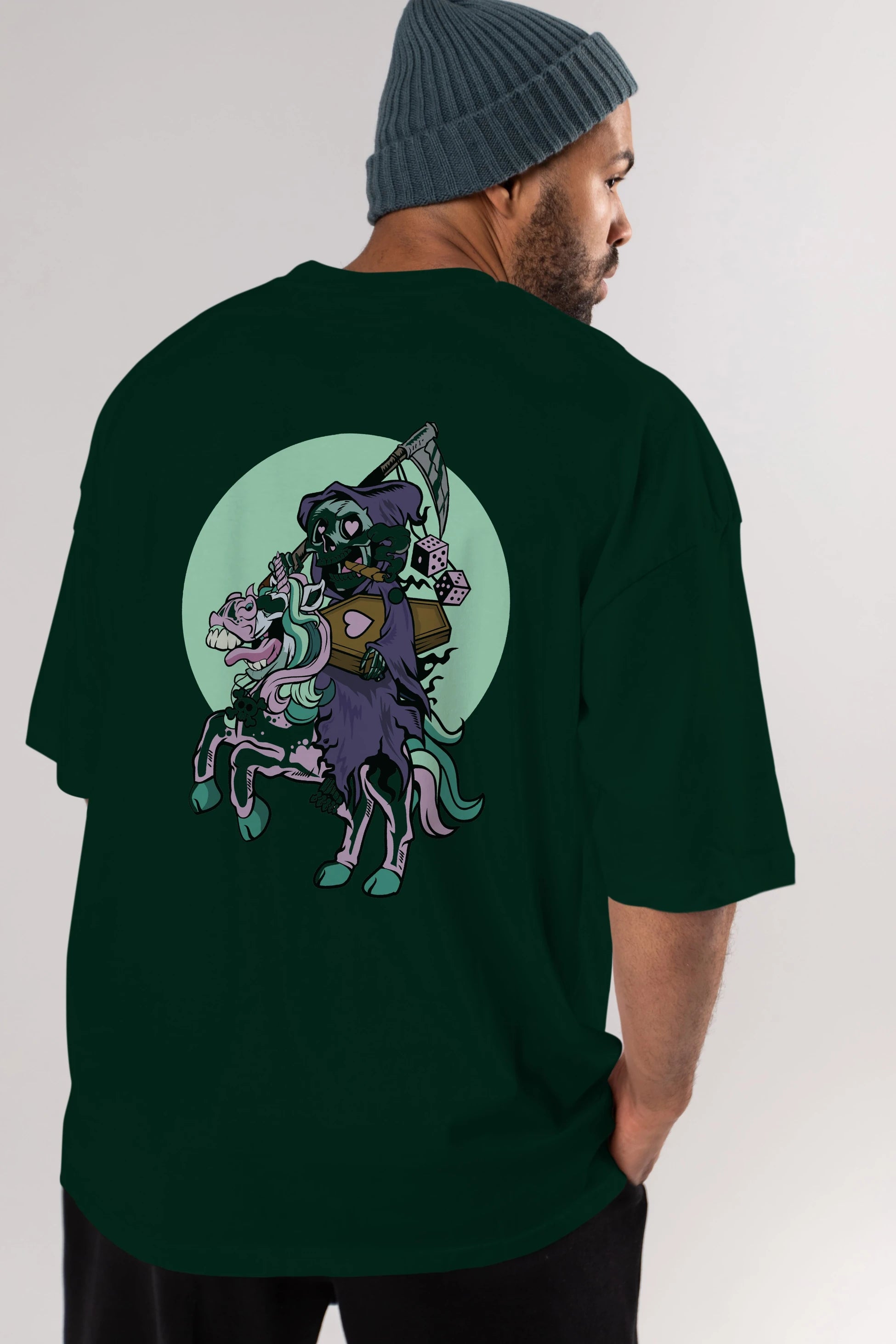 Grim Reaper Riding Unicorn Arka Baskılı Oversize t-shirt Erkek Kadın Unisex %100 Pamuk tişort