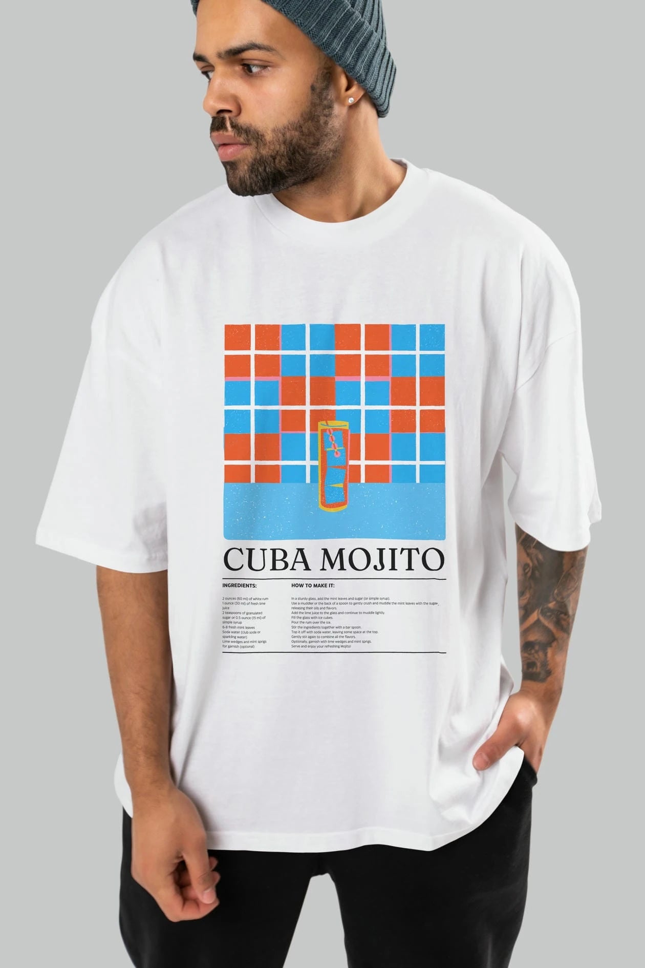 Cuba Mojito Kokteyl Ön Baskılı Oversize t-shirt Erkek Kadın %100 Pamuk Bisiklet Yaka tişort