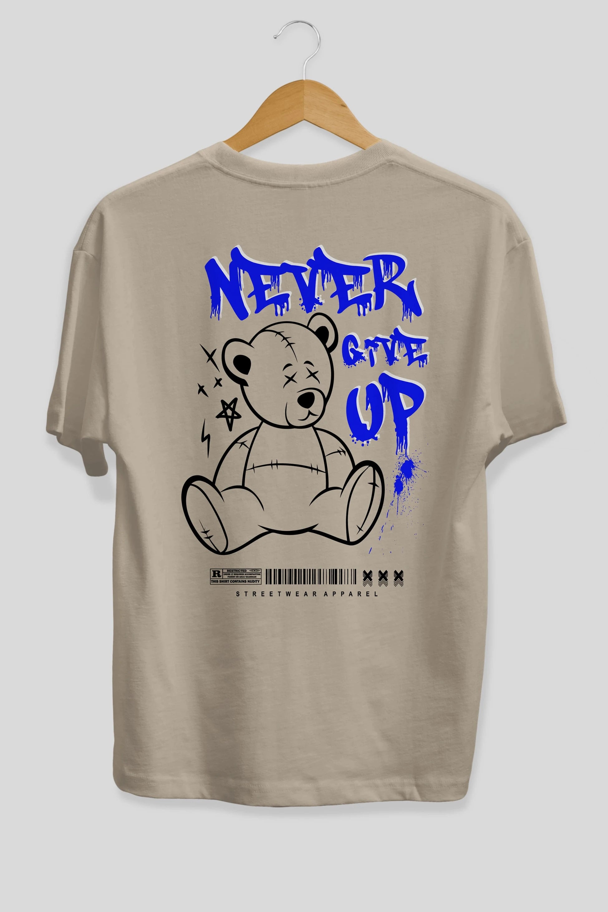 Teddy Bear Never Give Up Arka Baskılı Oversize t-shirt Erkek Kadın Unisex