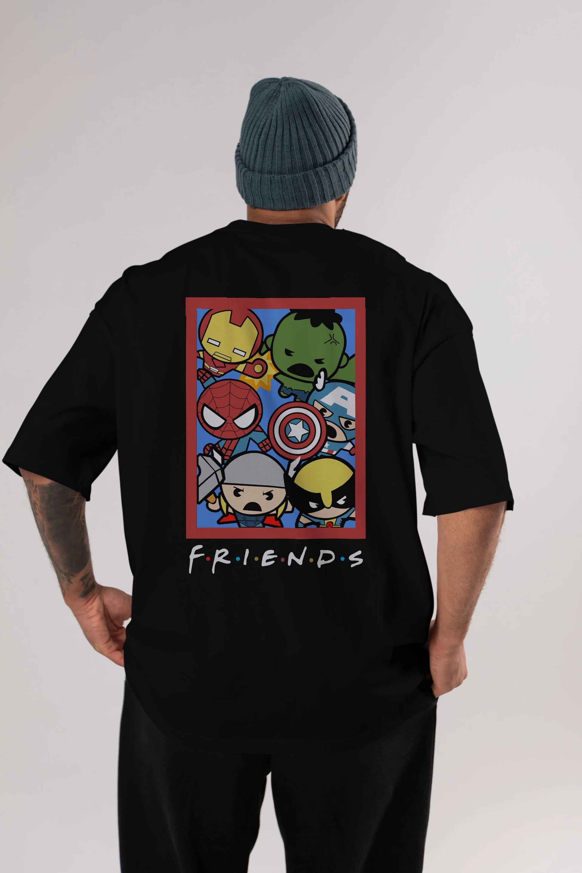 Friends Avenger Arka Baskılı Oversize t-shirt Erkek Kadın Unisex %100 Pamuk Bisiklet Yaka tişort