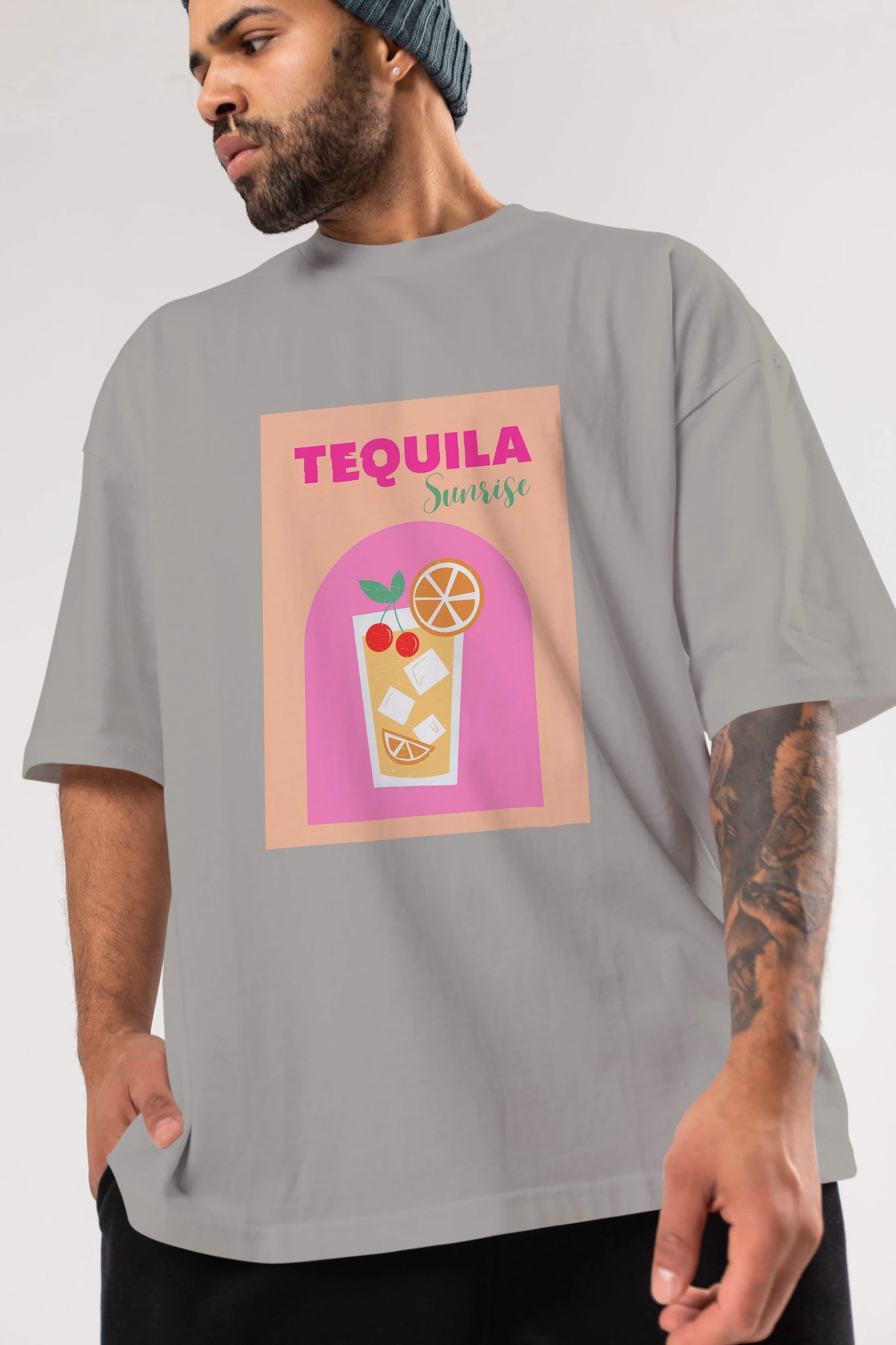 Tequila Sunrise 2 Ön Baskılı Oversize t-shirt Erkek Kadın Unisex %100 Pamuk Bisiklet Yaka tişort