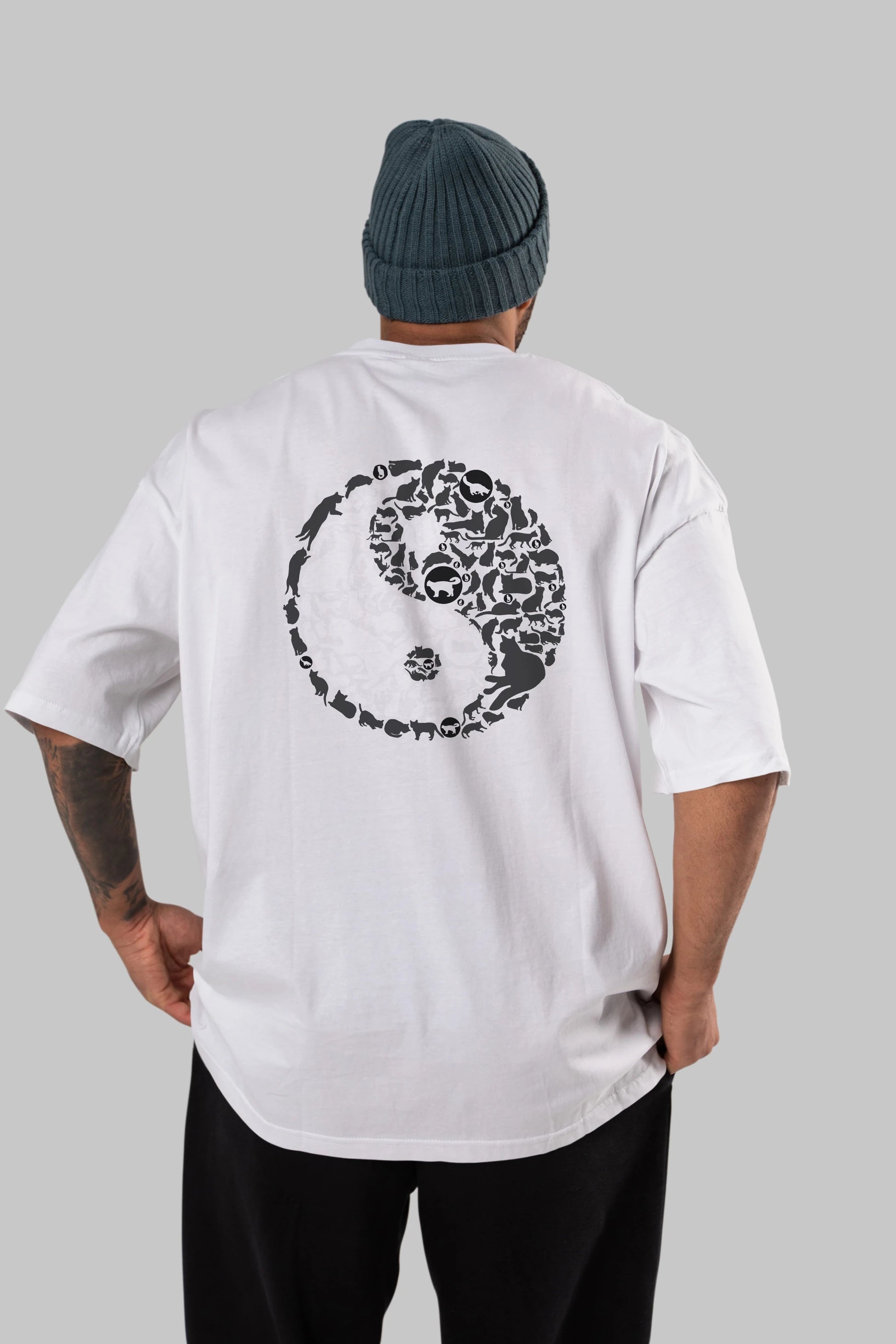 YinYang Cats Arka Baskılı Oversize t-shirt %100 pamuk Erkek Kadın Unisex