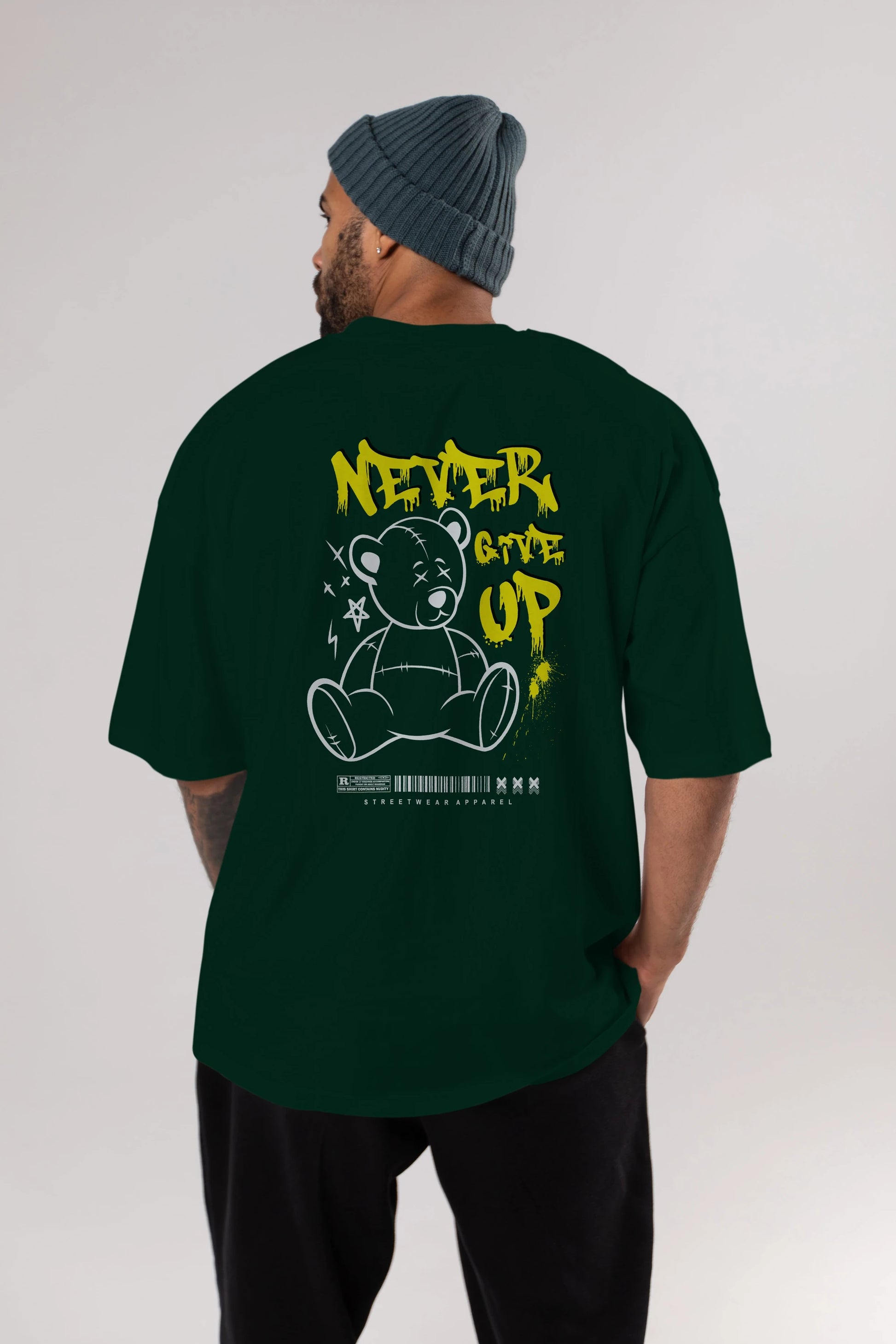 Teddy Bear Never Give Up Arka Baskılı Oversize t-shirt Erkek Kadın Unisex