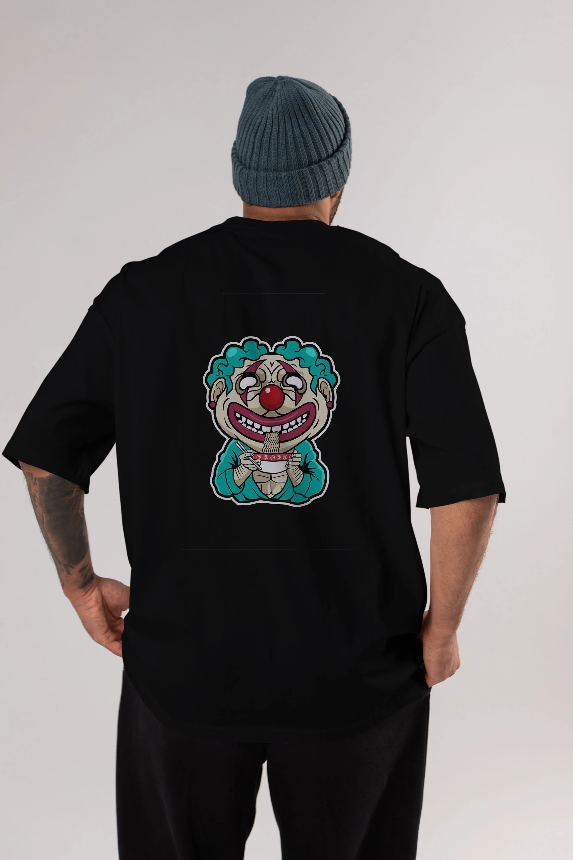 Clown Ramen Arka Baskılı Oversize t-shirt Erkek Kadın Unisex %100 Pamuk tişort