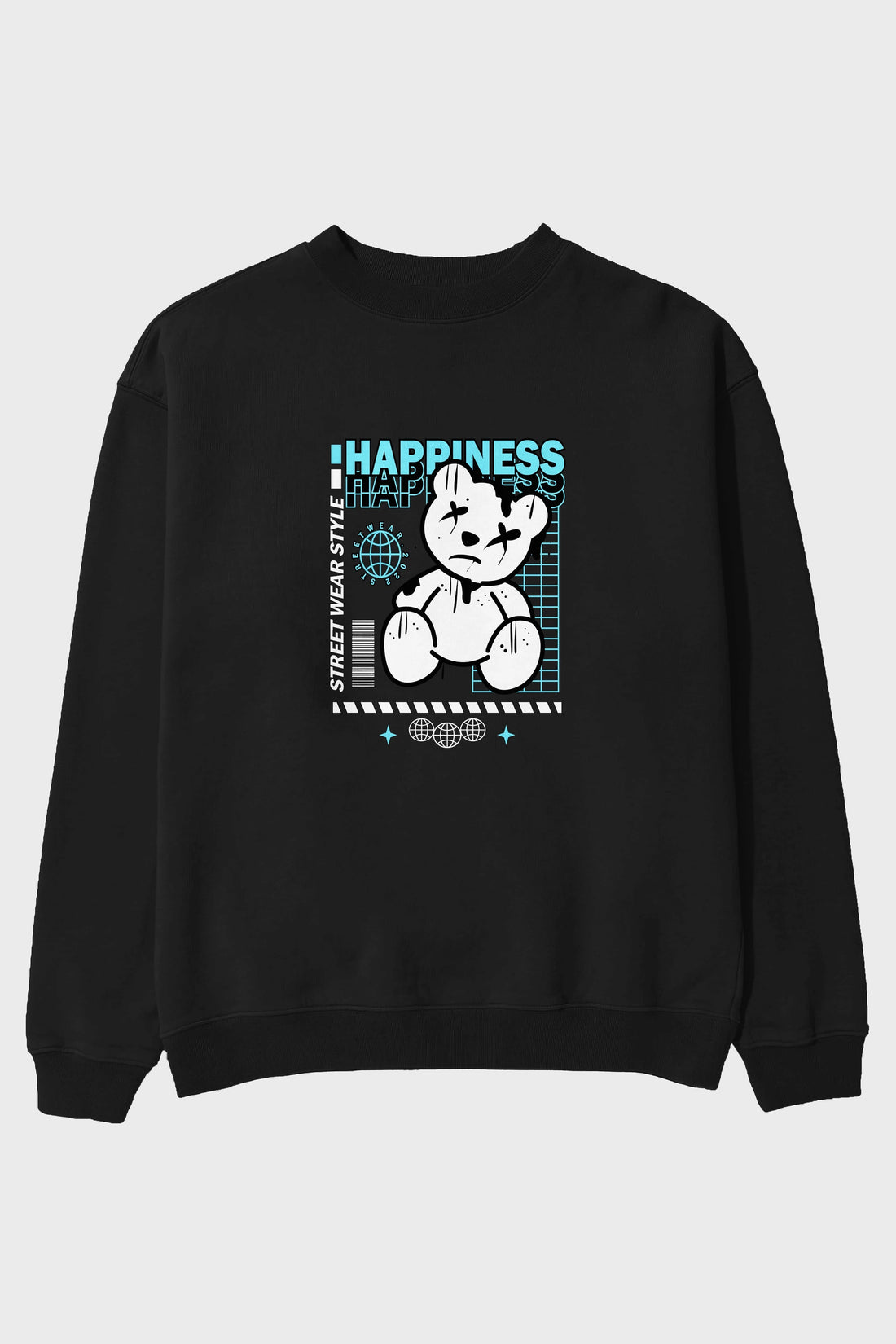 Happiness Bear 2 Ön Baskılı Oversize Sweatshirt Erkek Kadın Unisex