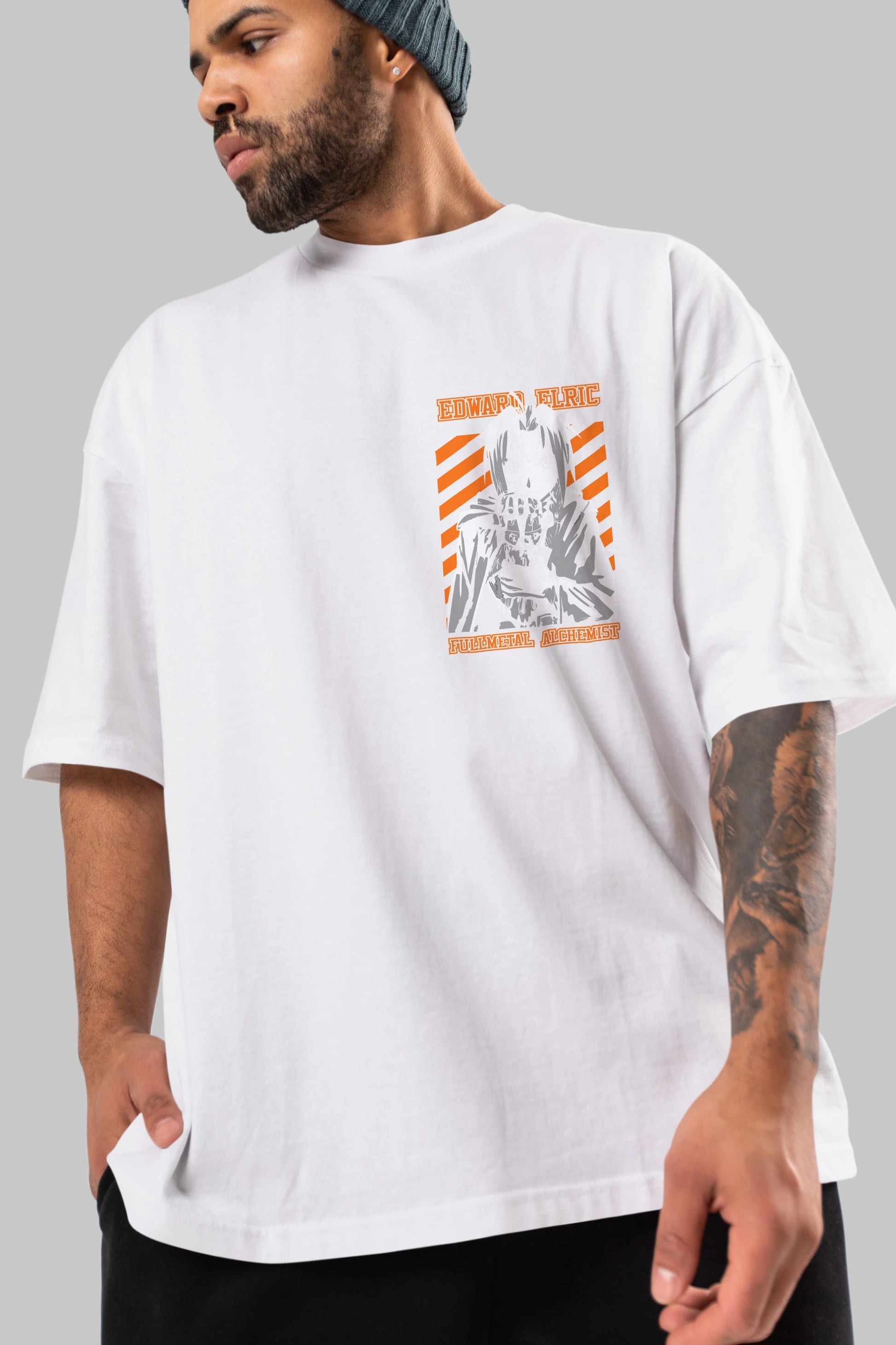 EDWARD ELRIC Ön Sol Baskılı Oversize t-shirt Erkek Kadın Unisex %100 Pamuk Bisiklet Yaka tişort