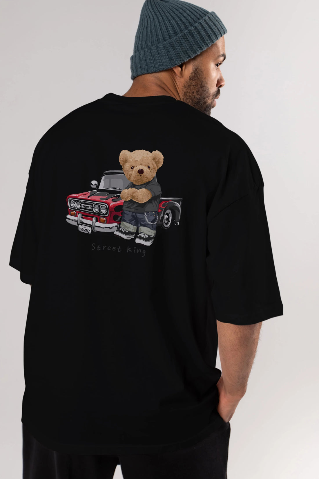 Teddy Bear Street King Arka Baskılı Oversize t-shirt Erkek Kadın Unisex %100 Pamuk