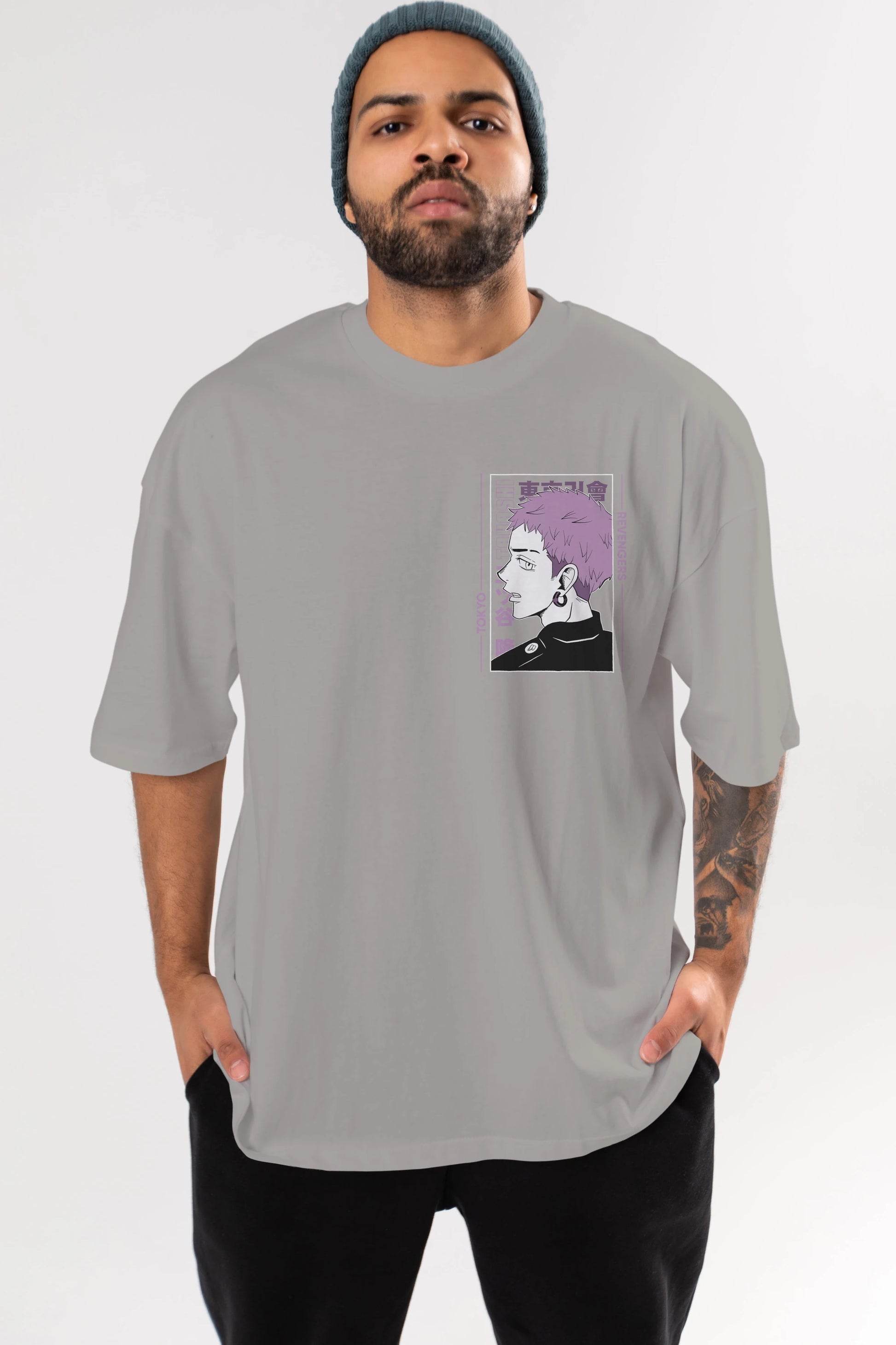 Takashi Mitsuya Ön Sol Baskılı Oversize t-shirt Erkek Kadın Unisex %100 Pamuk Bisiklet Yaka tişort
