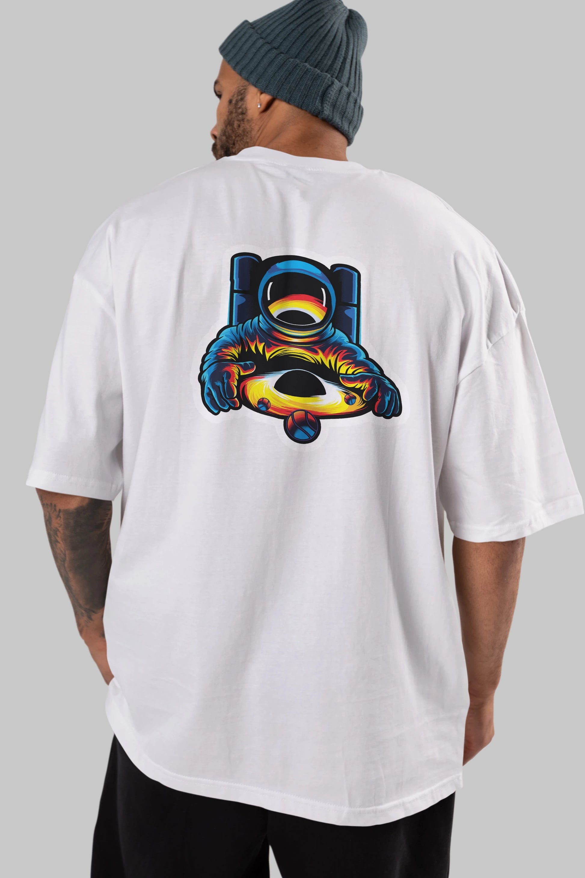 Astronaut & Black Hole Sticker Arka Baskılı Oversize t-shirt Erkek Kadın Unisex