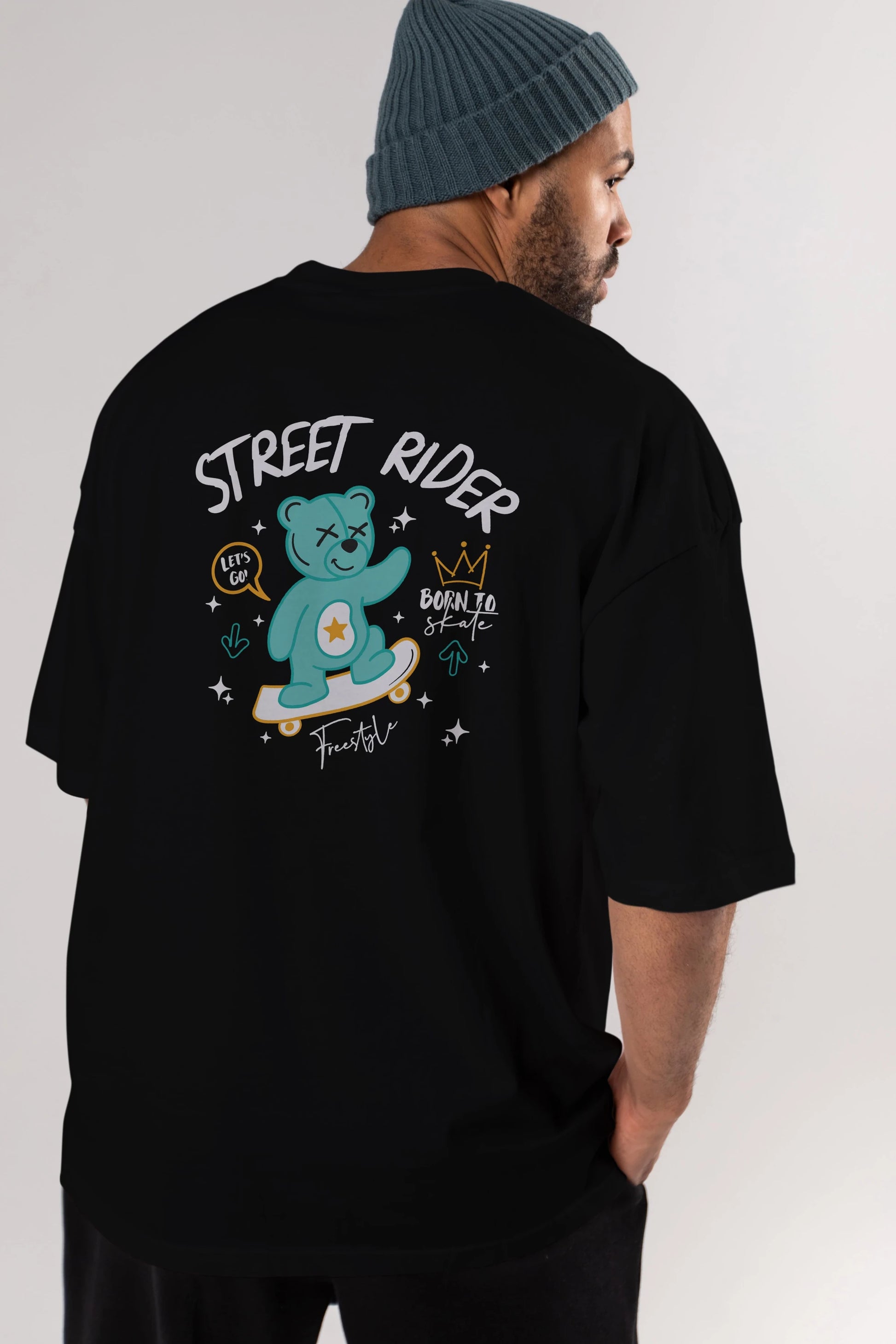 Street Rider Bear Arka Baskılı Oversize t-shirt Erkek Kadın Unisex