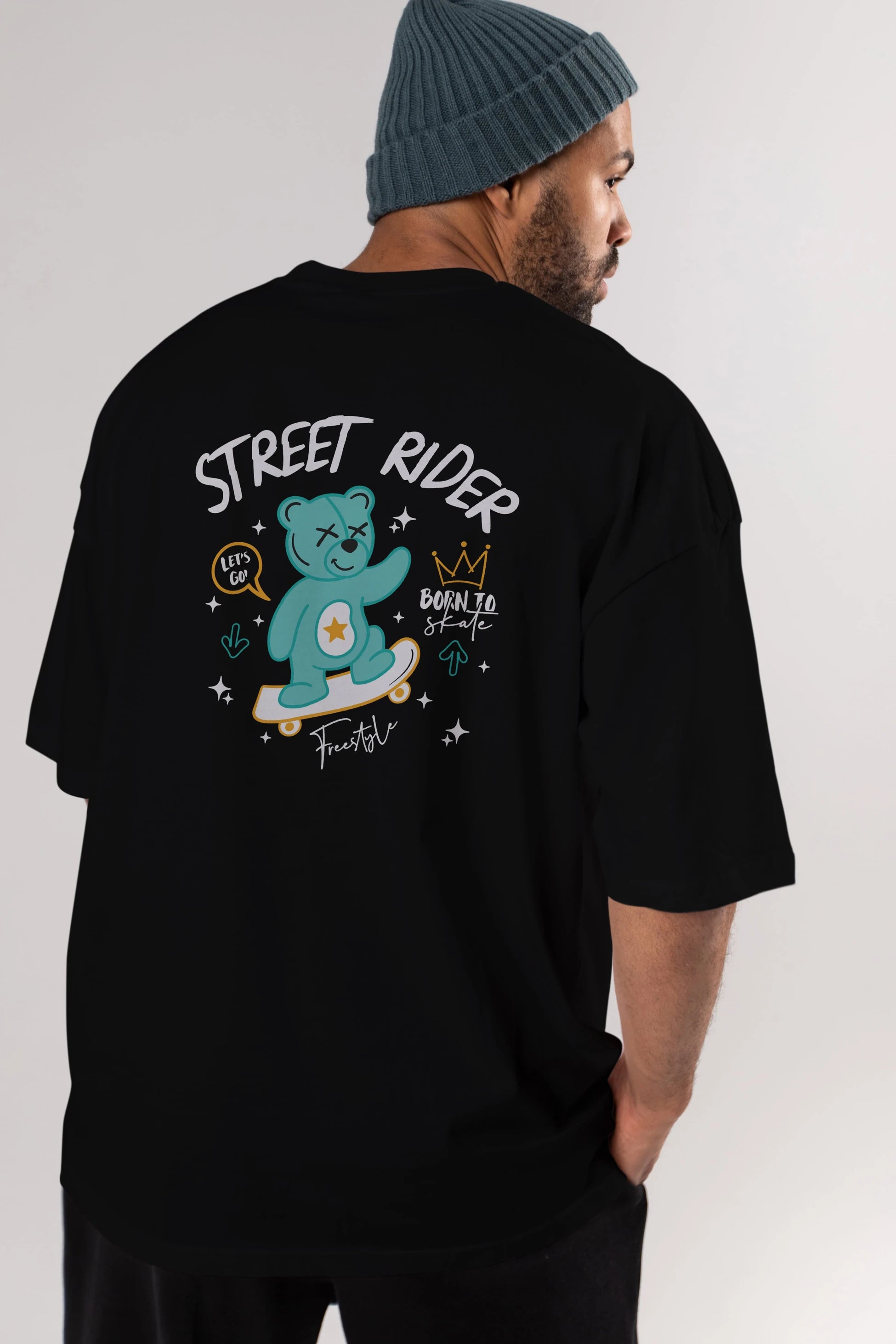 Street Rider Bear Arka Baskılı Oversize t-shirt Erkek Kadın Unisex