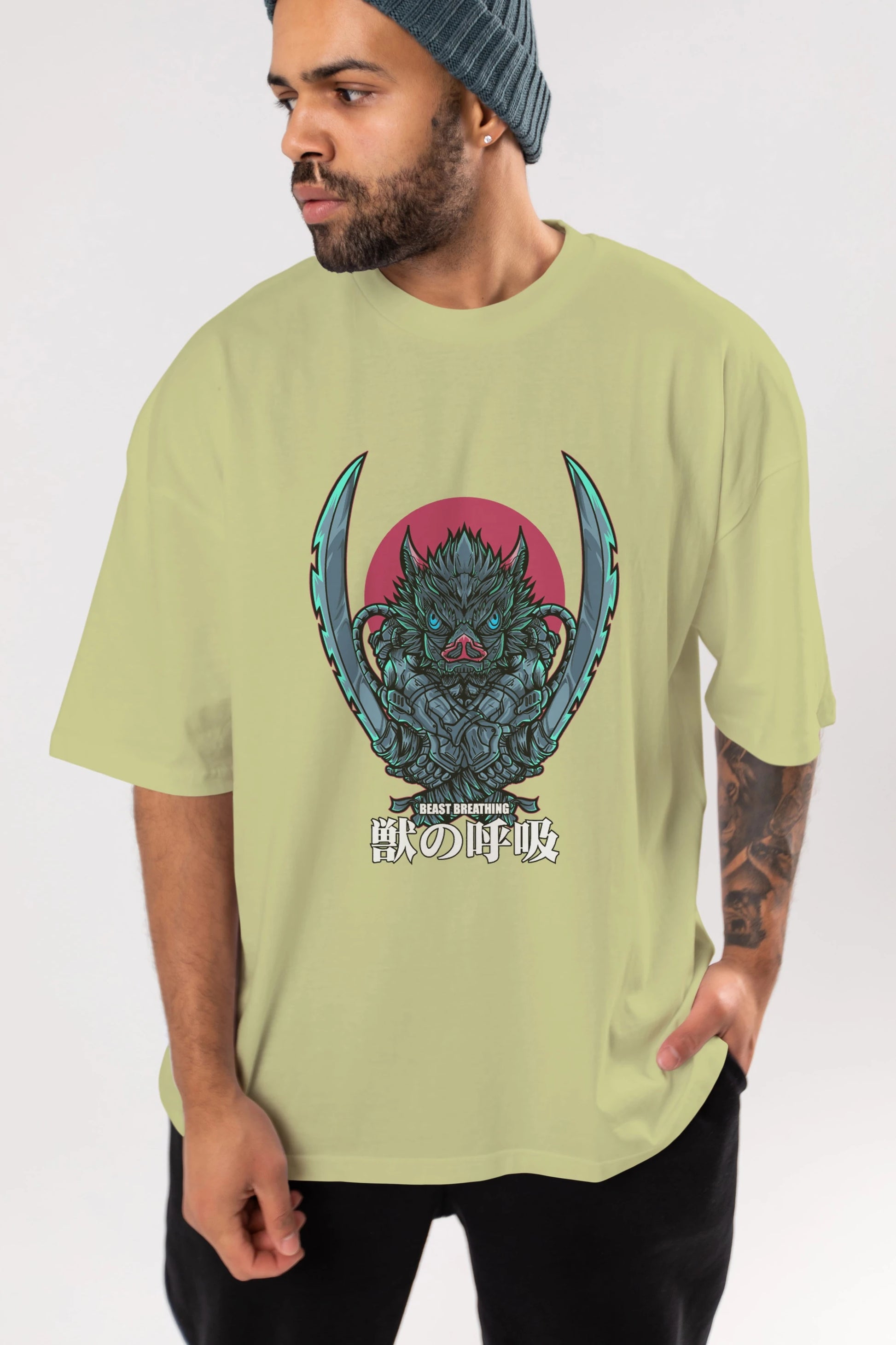 Inosuke DEMON SLAYER Anime Ön Baskılı Oversize t-shirt %100 pamuk Erkek Kadın Unisex
