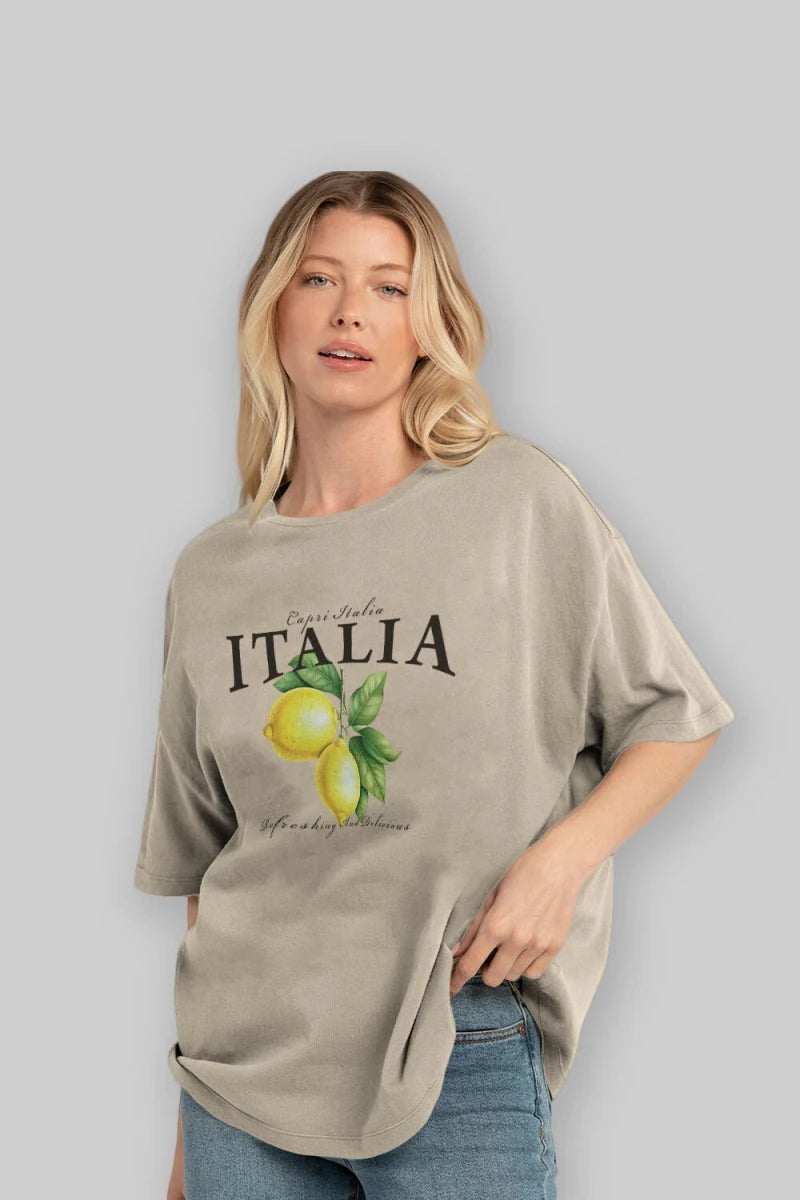 italia Lemon Ön Baskılı Oversize t-shirt Erkek Kadın Pamuk Bisiklet Yaka tişort - Cilexi