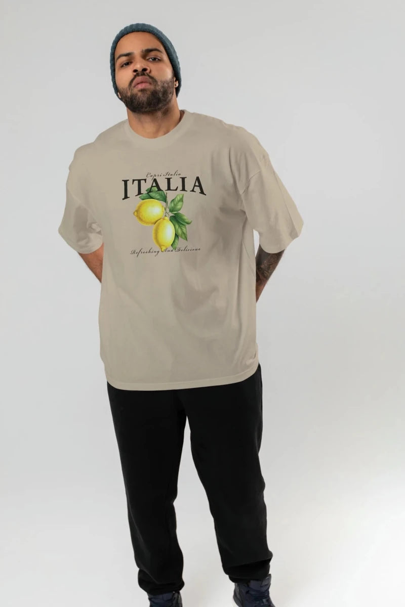 italia Lemon Ön Baskılı Oversize t-shirt Erkek Kadın Pamuk Bisiklet Yaka tişort - Cilexi