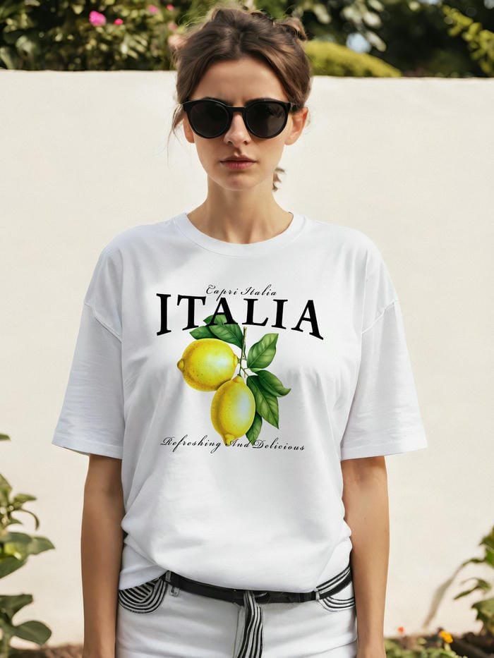 italia Lemon Ön Baskılı Oversize t-shirt Erkek Kadın Pamuk Bisiklet Yaka tişort - Cilexi