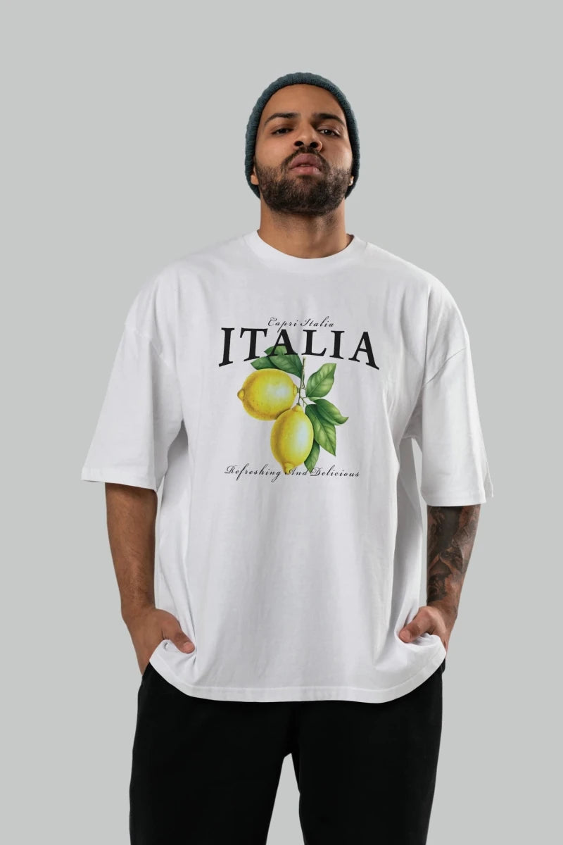 italia Lemon Ön Baskılı Oversize t-shirt Erkek Kadın Pamuk Bisiklet Yaka tişort - Cilexi