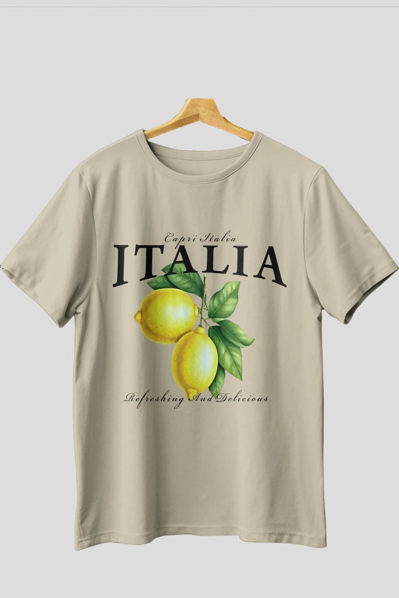 italia Lemon Ön Baskılı Oversize t-shirt Erkek Kadın Pamuk Bisiklet Yaka tişort - Cilexi