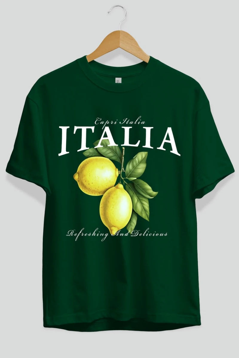 italia Lemon Ön Baskılı Oversize t-shirt Erkek Kadın Pamuk Bisiklet Yaka tişort - Cilexi