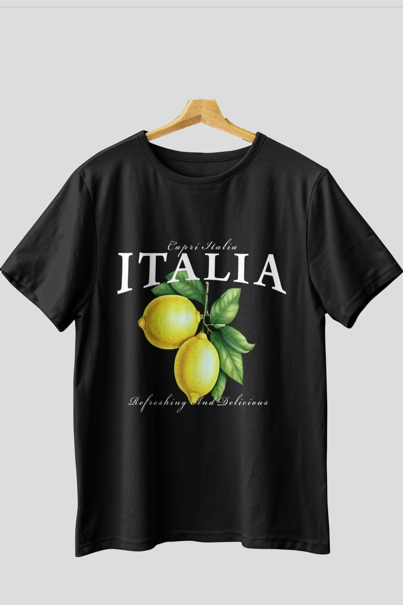 italia Lemon Ön Baskılı Oversize t-shirt Erkek Kadın Pamuk Bisiklet Yaka tişort - Cilexi