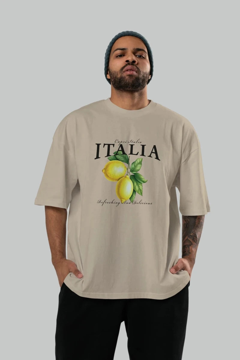 italia Lemon Ön Baskılı Oversize t-shirt Erkek Kadın Pamuk Bisiklet Yaka tişort - Cilexi