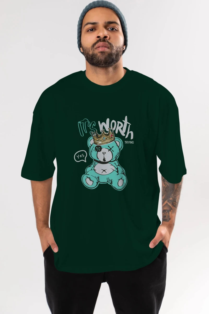 its Worth Trying Bear Ön Baskılı Oversize t-shirt Erkek Kadın Unisex - Cilexi