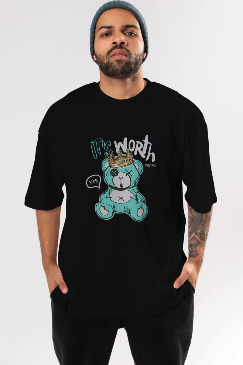 its Worth Trying Bear Ön Baskılı Oversize t-shirt Erkek Kadın Unisex - Cilexi