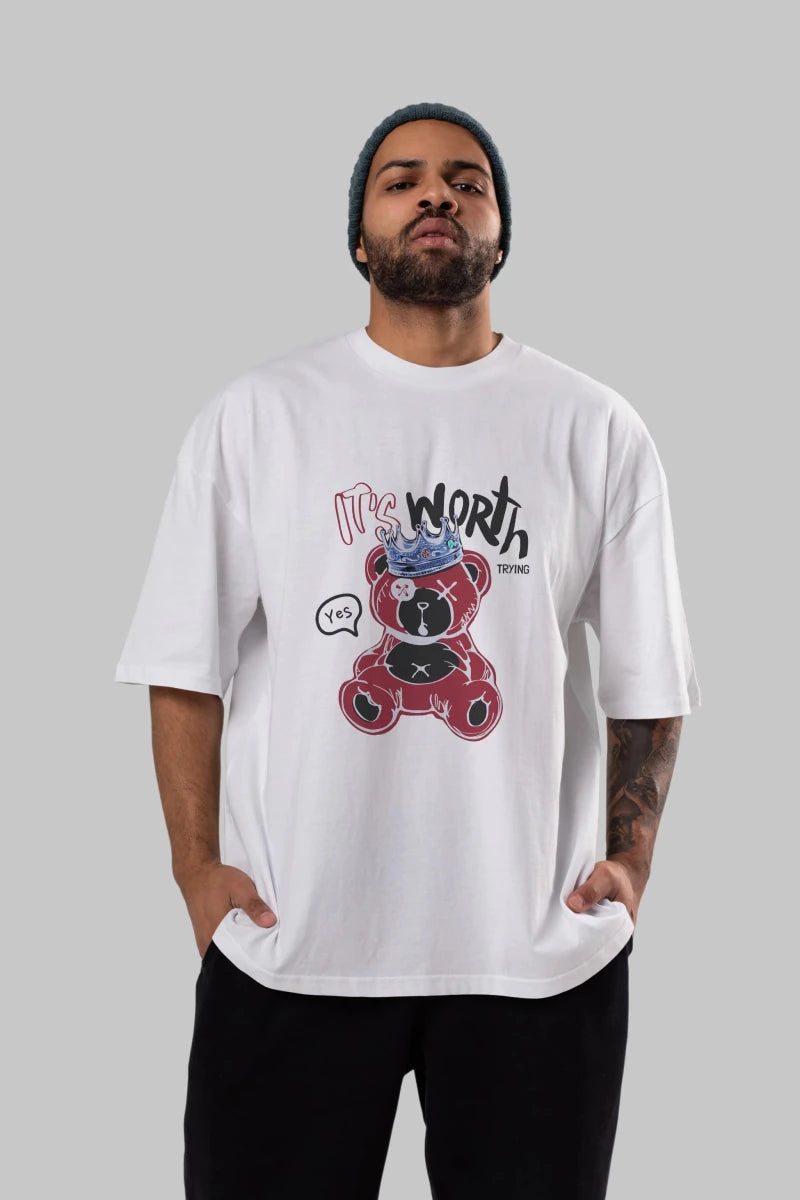 its Worth Trying Bear Ön Baskılı Oversize t-shirt Erkek Kadın Unisex - Cilexi