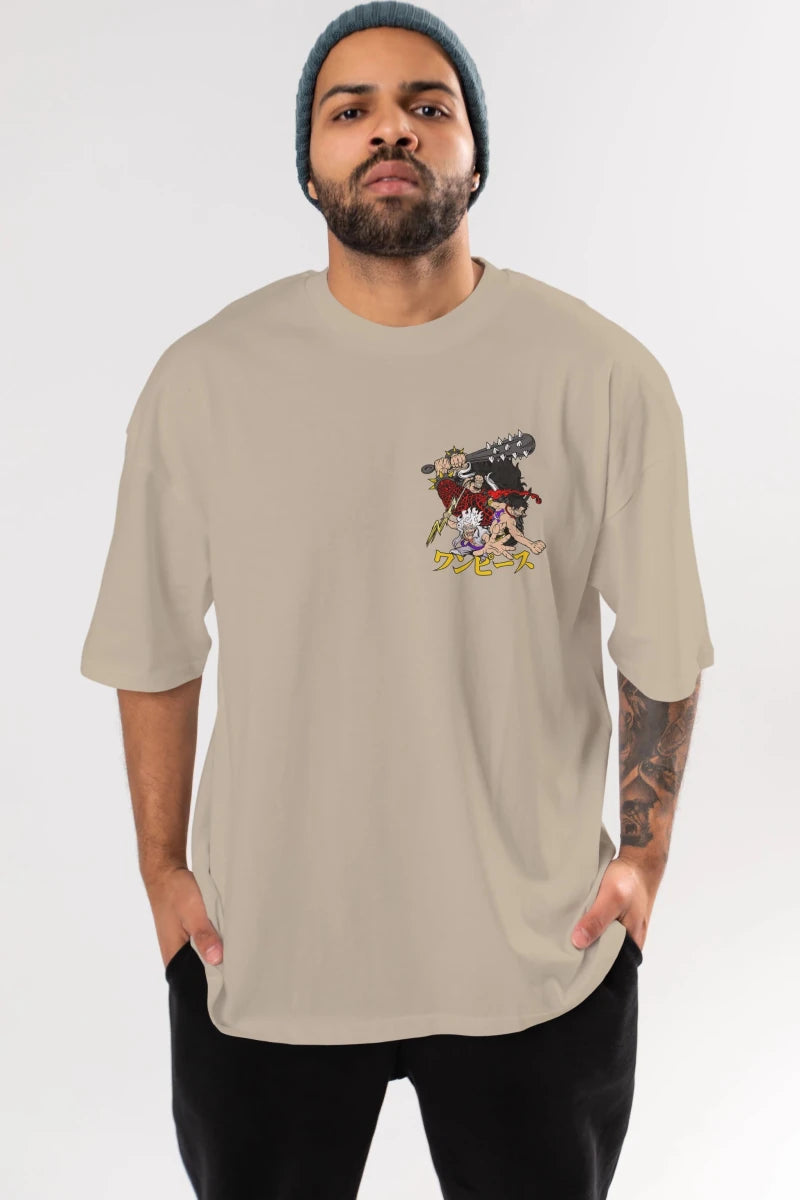 luffyacekaido Ön Sol Baskılı Oversize t-shirt Erkek Kadın Unisex %100 Pamuk Bisiklet Yaka tişort - Cilexi