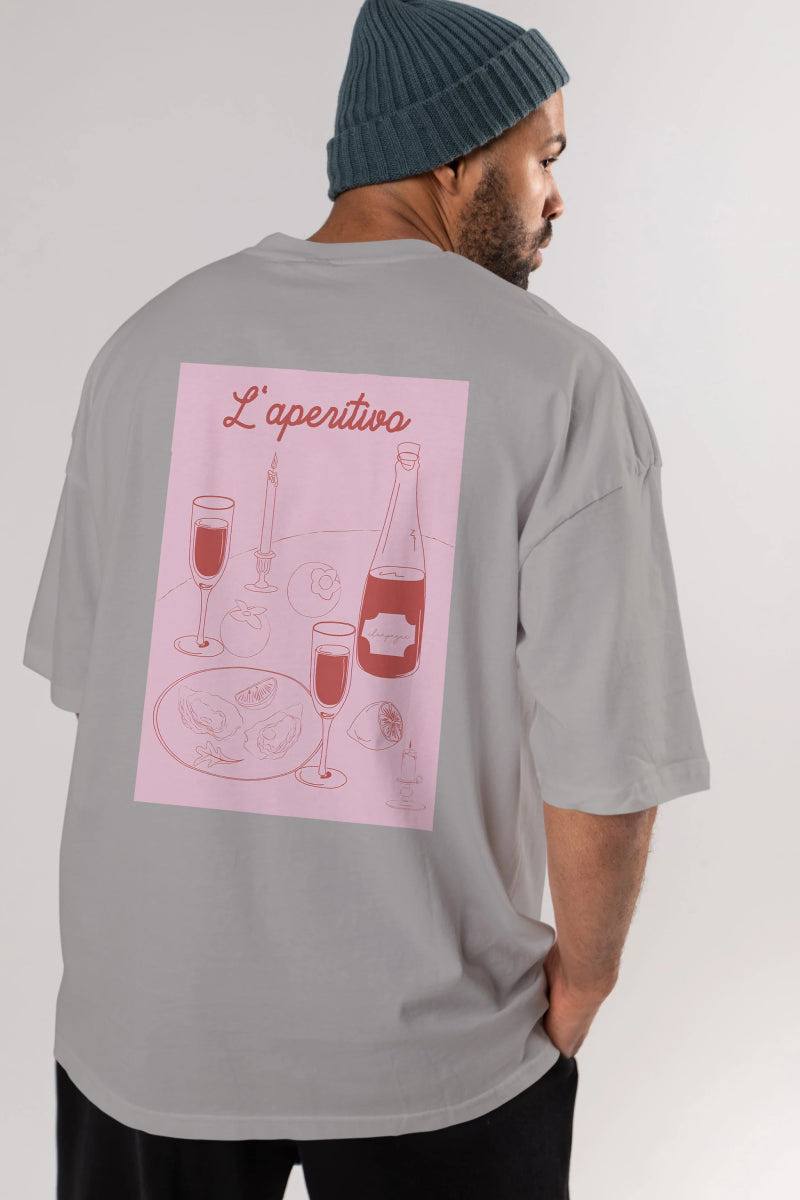 Şampanya L'aperitivo Arka Baskılı Oversize t-shirt Erkek Kadın Unisex %100 Pamuk Bisiklet Yaka tişort - Cilexi
