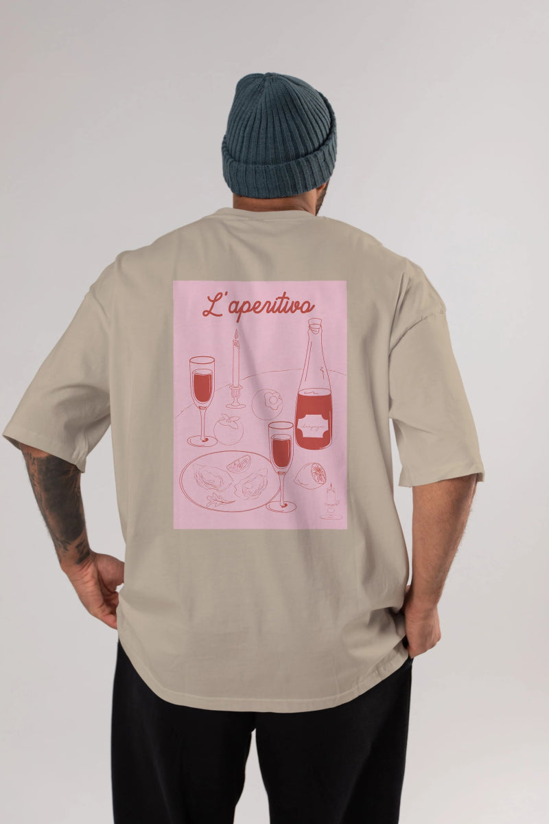 Şampanya L'aperitivo Arka Baskılı Oversize t-shirt Erkek Kadın Unisex %100 Pamuk Bisiklet Yaka tişort - Cilexi