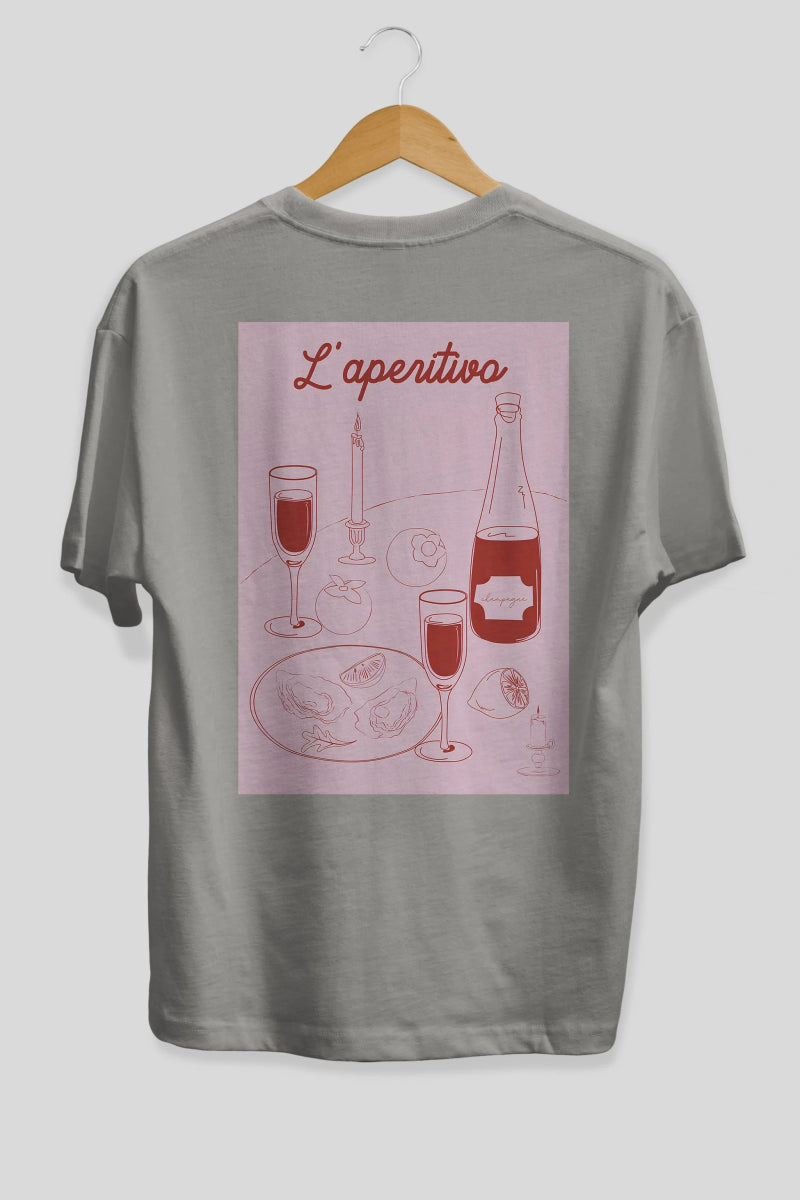 Şampanya L'aperitivo Arka Baskılı Oversize t-shirt Erkek Kadın Unisex %100 Pamuk Bisiklet Yaka tişort - Cilexi