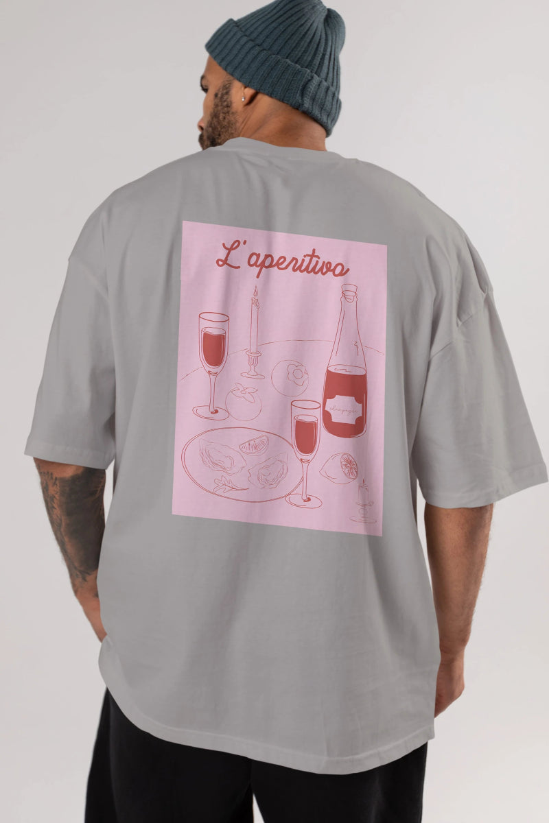 Şampanya L'aperitivo Arka Baskılı Oversize t-shirt Erkek Kadın Unisex %100 Pamuk Bisiklet Yaka tişort - Cilexi