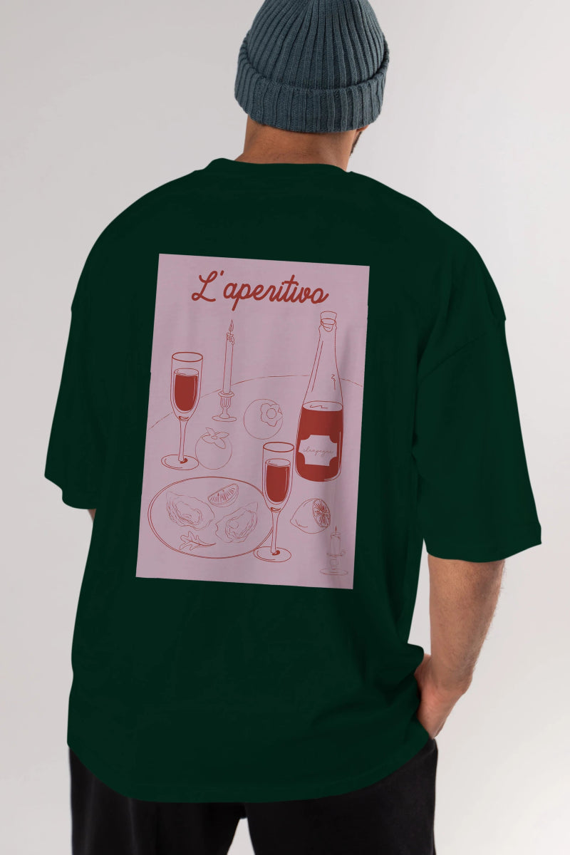 Şampanya L'aperitivo Arka Baskılı Oversize t-shirt Erkek Kadın Unisex %100 Pamuk Bisiklet Yaka tişort - Cilexi