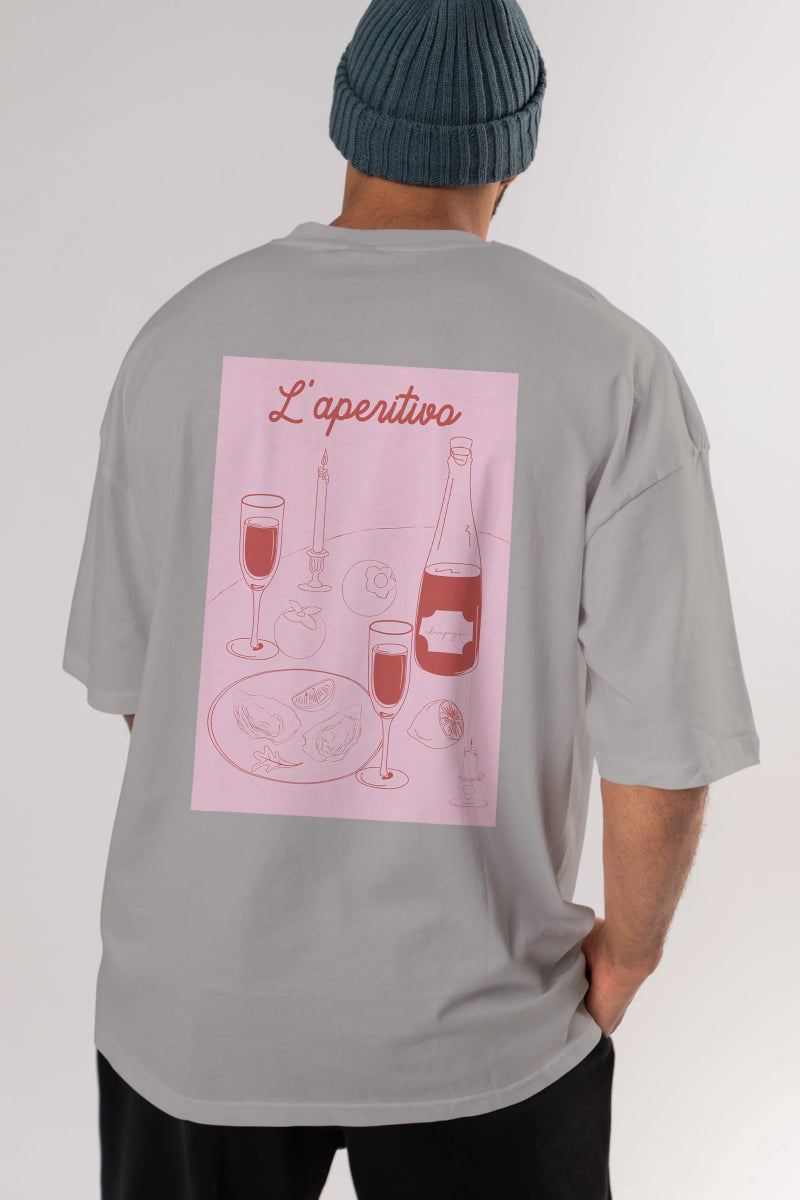 Şampanya L'aperitivo Arka Baskılı Oversize t-shirt Erkek Kadın Unisex %100 Pamuk Bisiklet Yaka tişort - Cilexi