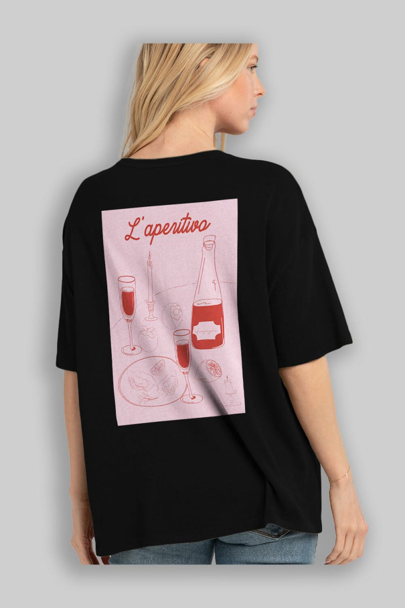 Şampanya L'aperitivo Arka Baskılı Oversize t-shirt Erkek Kadın Unisex %100 Pamuk Bisiklet Yaka tişort - Cilexi