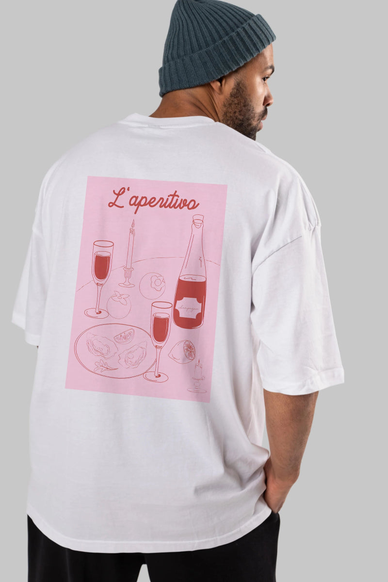 Şampanya L'aperitivo Arka Baskılı Oversize t-shirt Erkek Kadın Unisex %100 Pamuk Bisiklet Yaka tişort - Cilexi