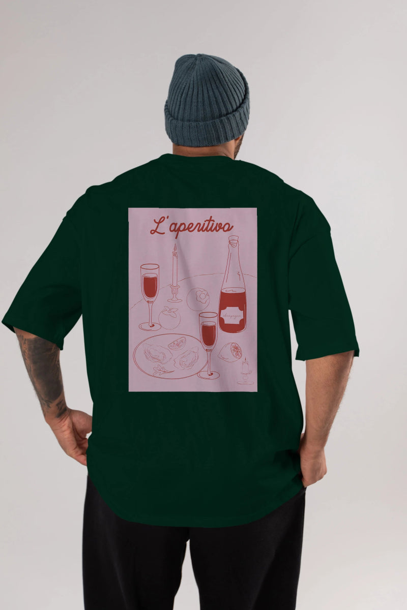 Şampanya L'aperitivo Arka Baskılı Oversize t-shirt Erkek Kadın Unisex %100 Pamuk Bisiklet Yaka tişort - Cilexi