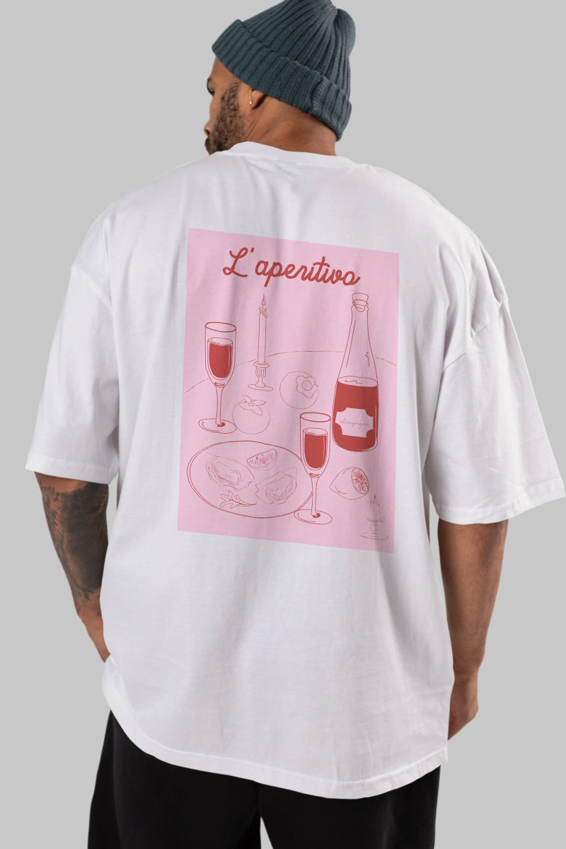 Şampanya L'aperitivo Arka Baskılı Oversize t-shirt Erkek Kadın Unisex %100 Pamuk Bisiklet Yaka tişort - Cilexi