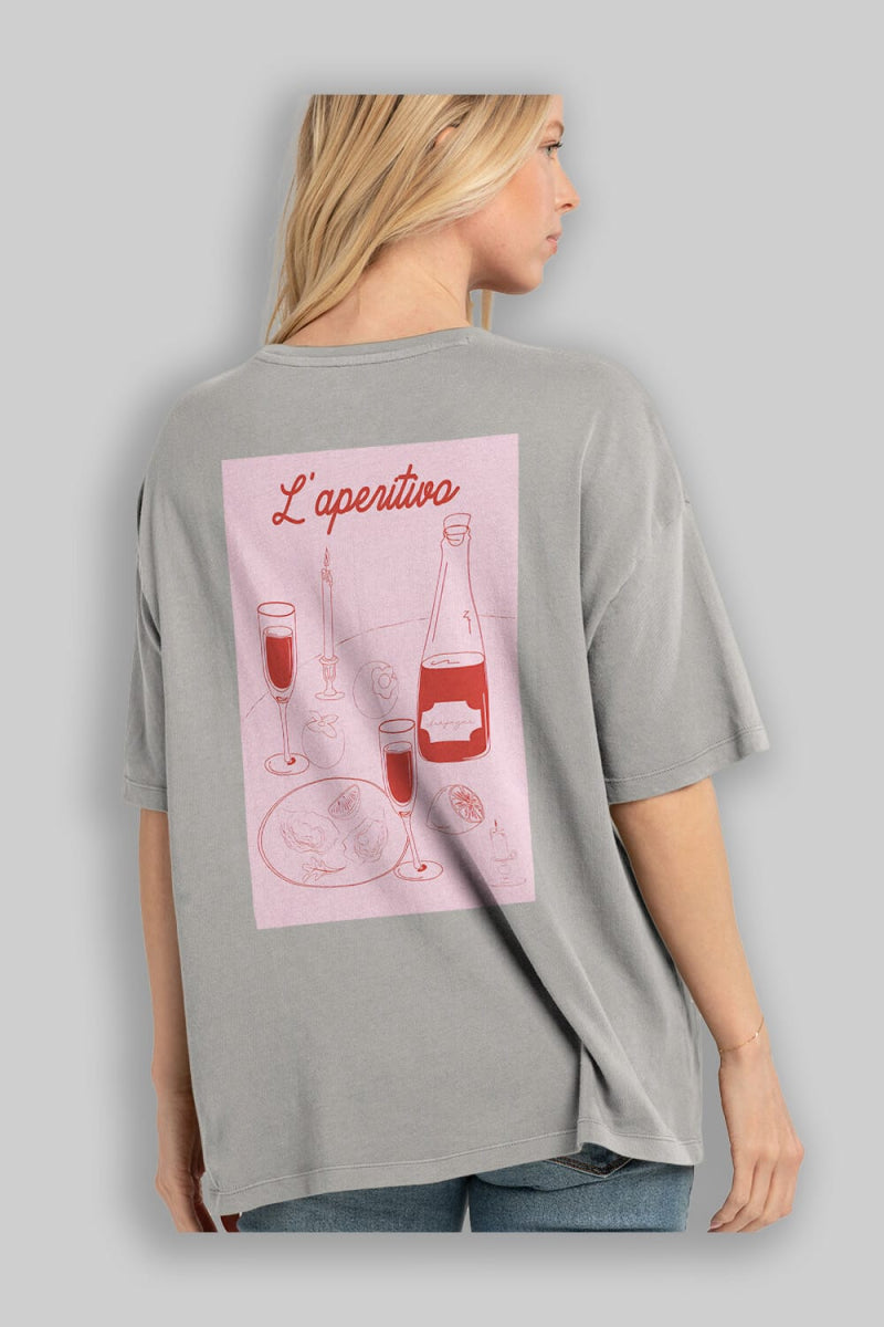 Şampanya L'aperitivo Arka Baskılı Oversize t-shirt Erkek Kadın Unisex %100 Pamuk Bisiklet Yaka tişort - Cilexi